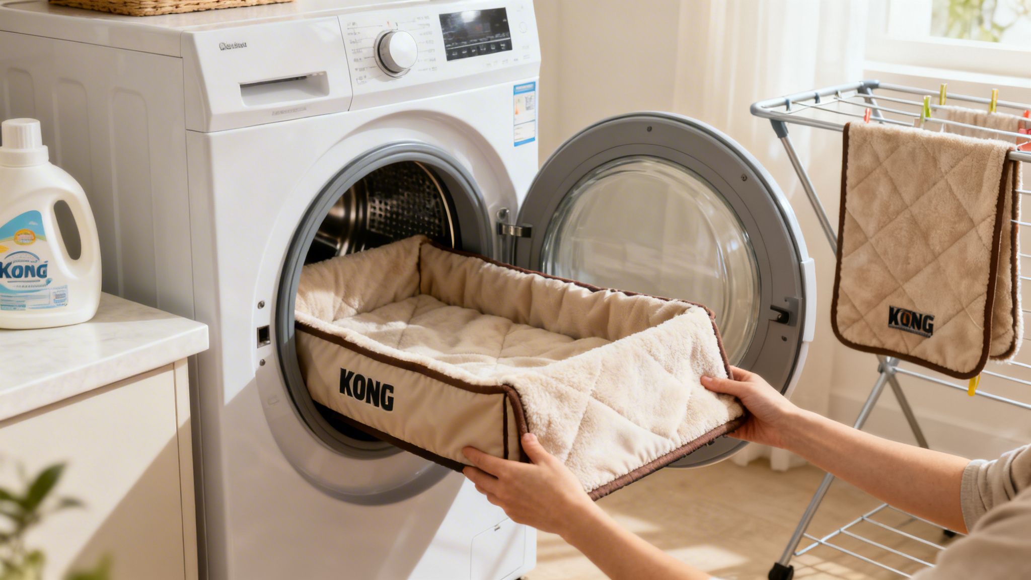 Hands loading a KONG pet crate bed into a washing machine during laundry day.