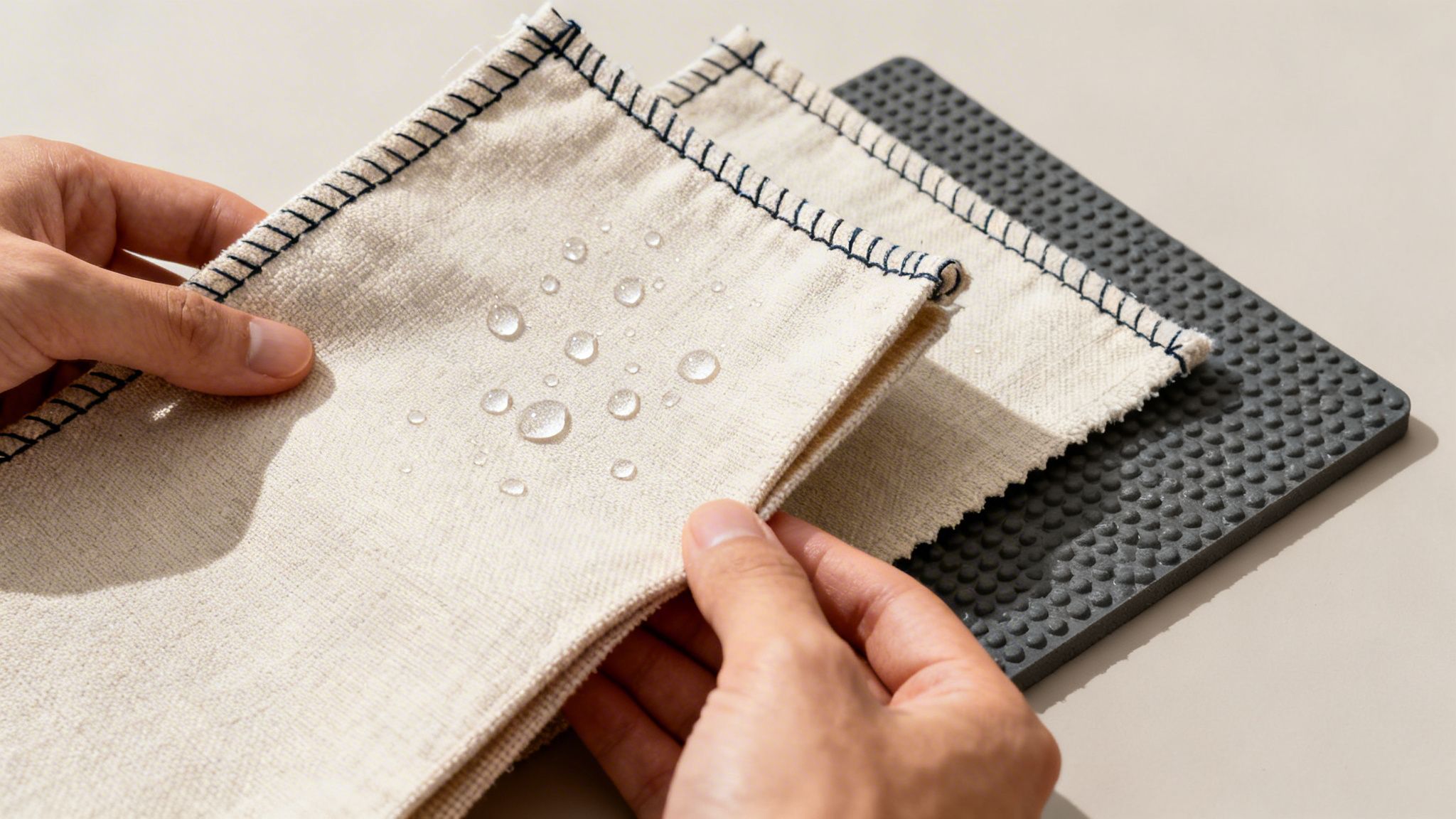 Hands hold two beige fabric samples with dark stitching and water droplets, next to a textured grey mat.