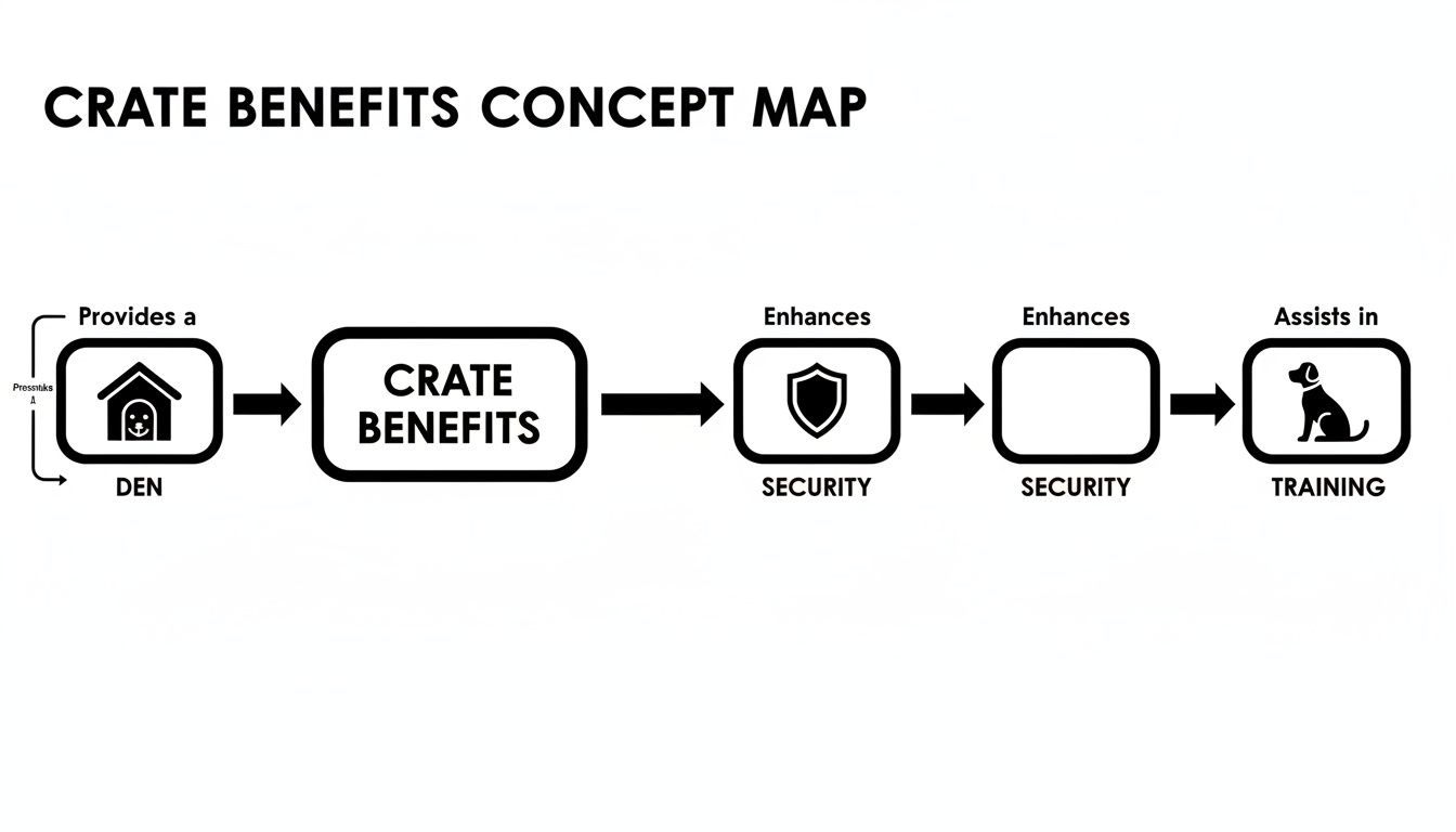 Concept map showing crate benefits including providing a den, enhancing security, and assisting in dog training.