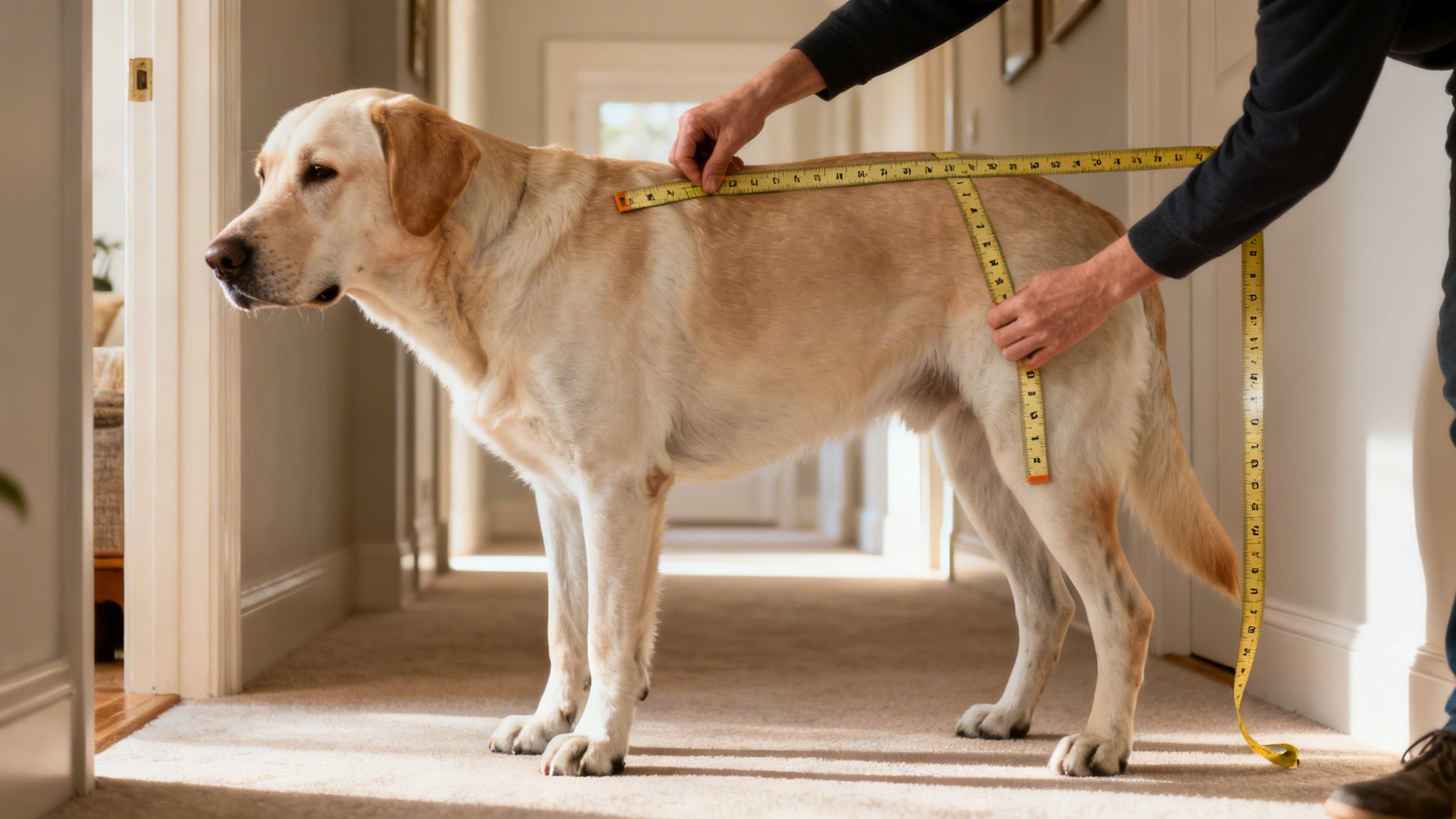 A person is carefully measuring the girth of a large yellow Labrador dog with a tape measure.