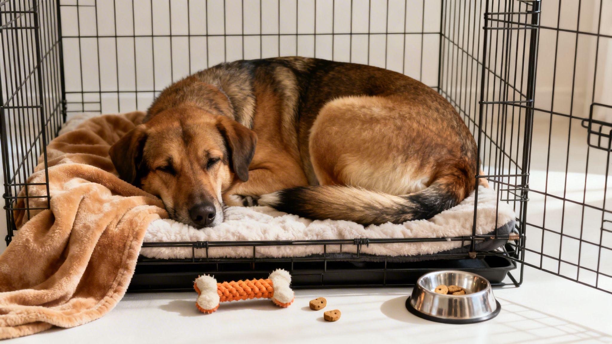 A peaceful brown dog sleeps curled up inside a large black wire pet crate on a soft bed.