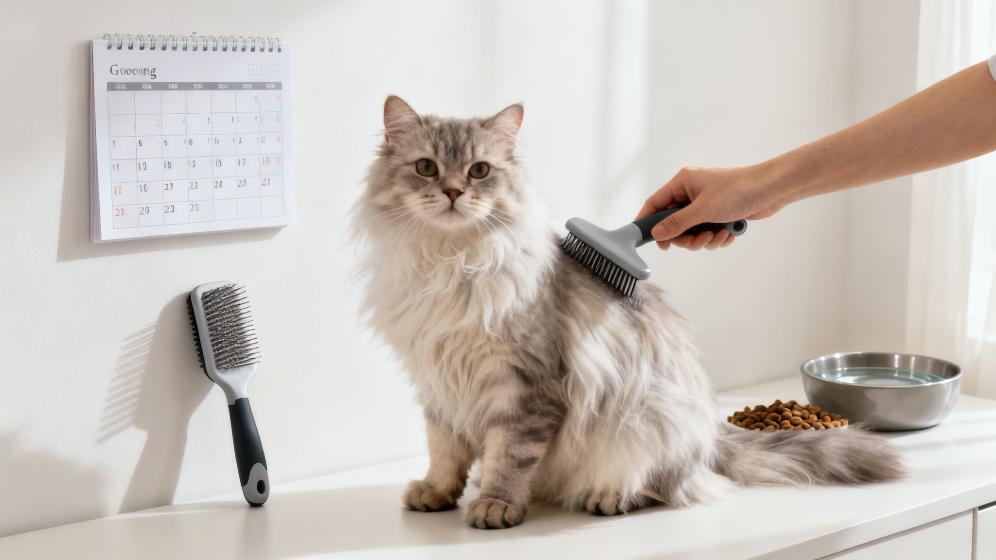 A person is brushing a fluffy grey cat, with a grooming calendar and food bowls nearby.