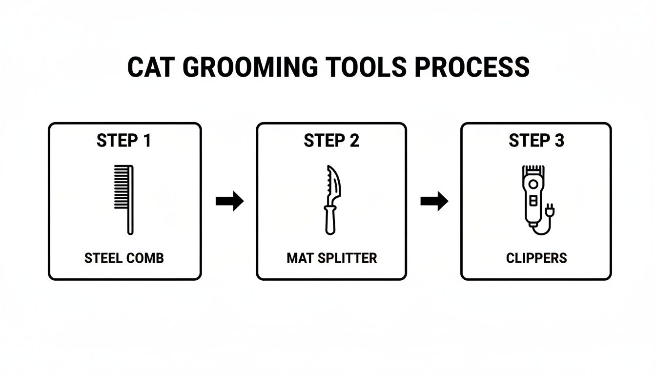 A three-step process diagram illustrating cat grooming tools: steel comb, mat splitter, and clippers.