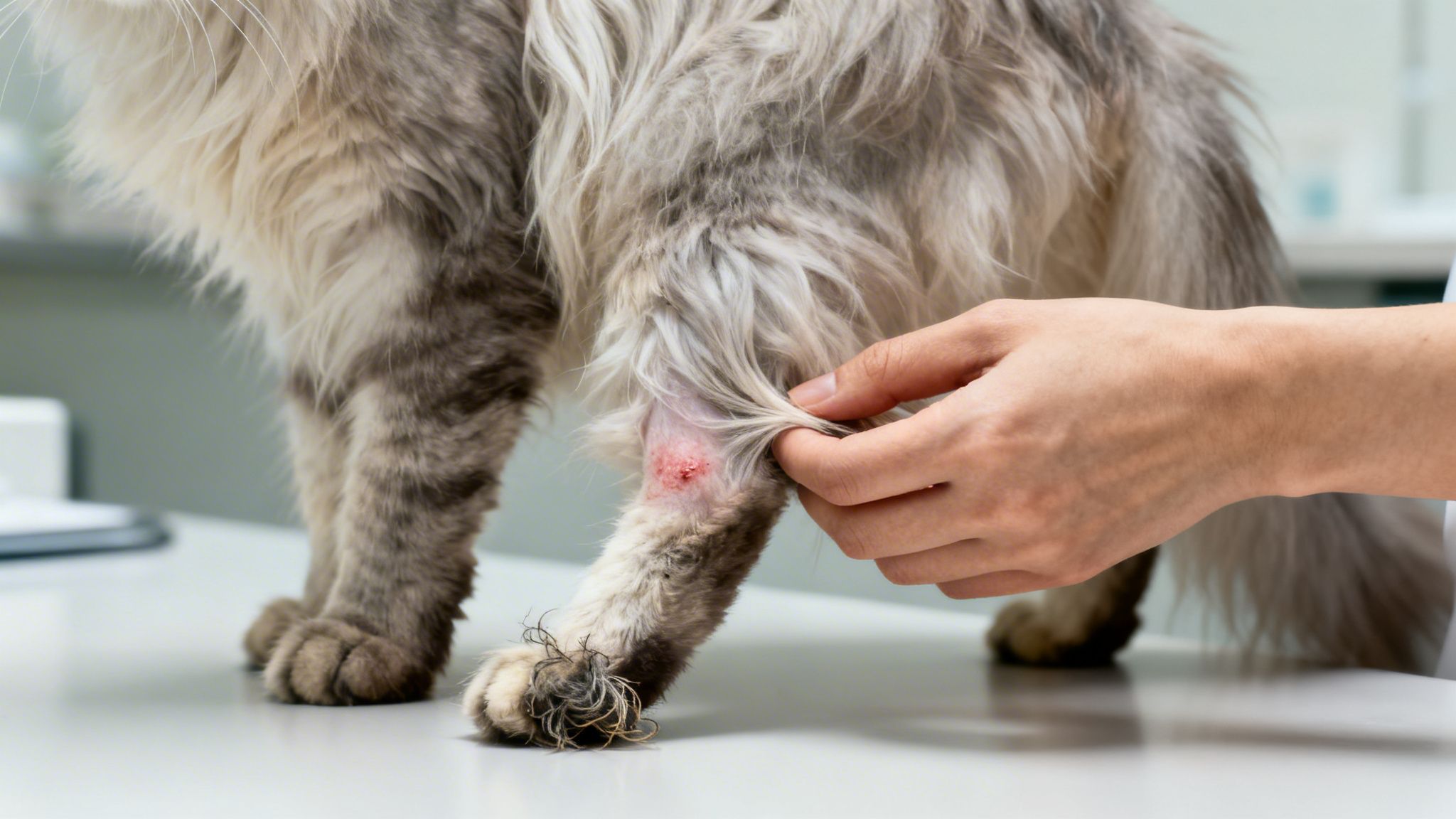 A vet's hand examines a cat's matted leg, revealing a red, irritated skin lesion.