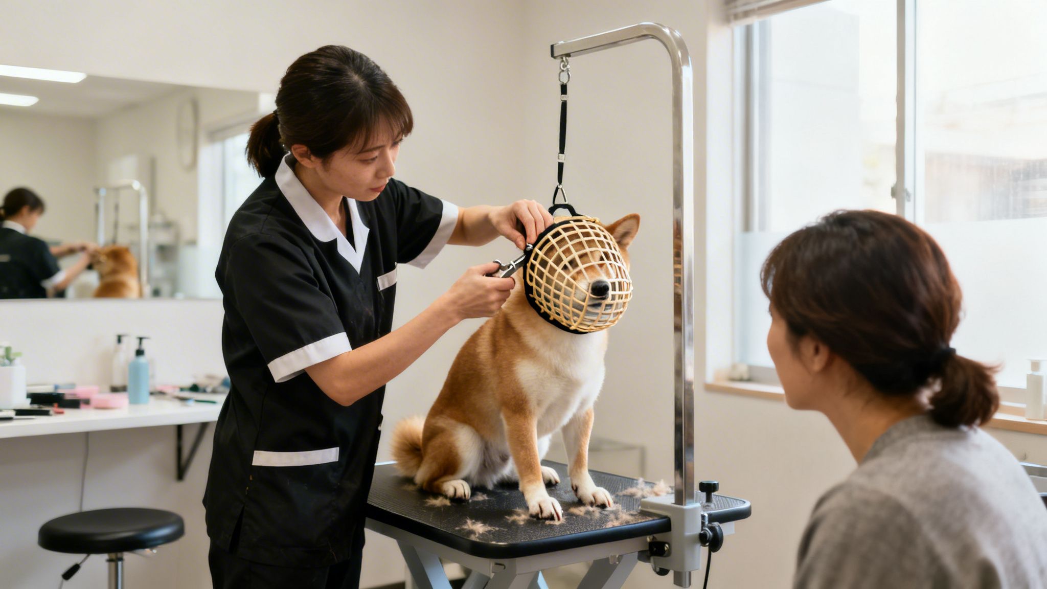 A professional groomer uses clippers on a muzzled Shiba Inu dog on a grooming table.
