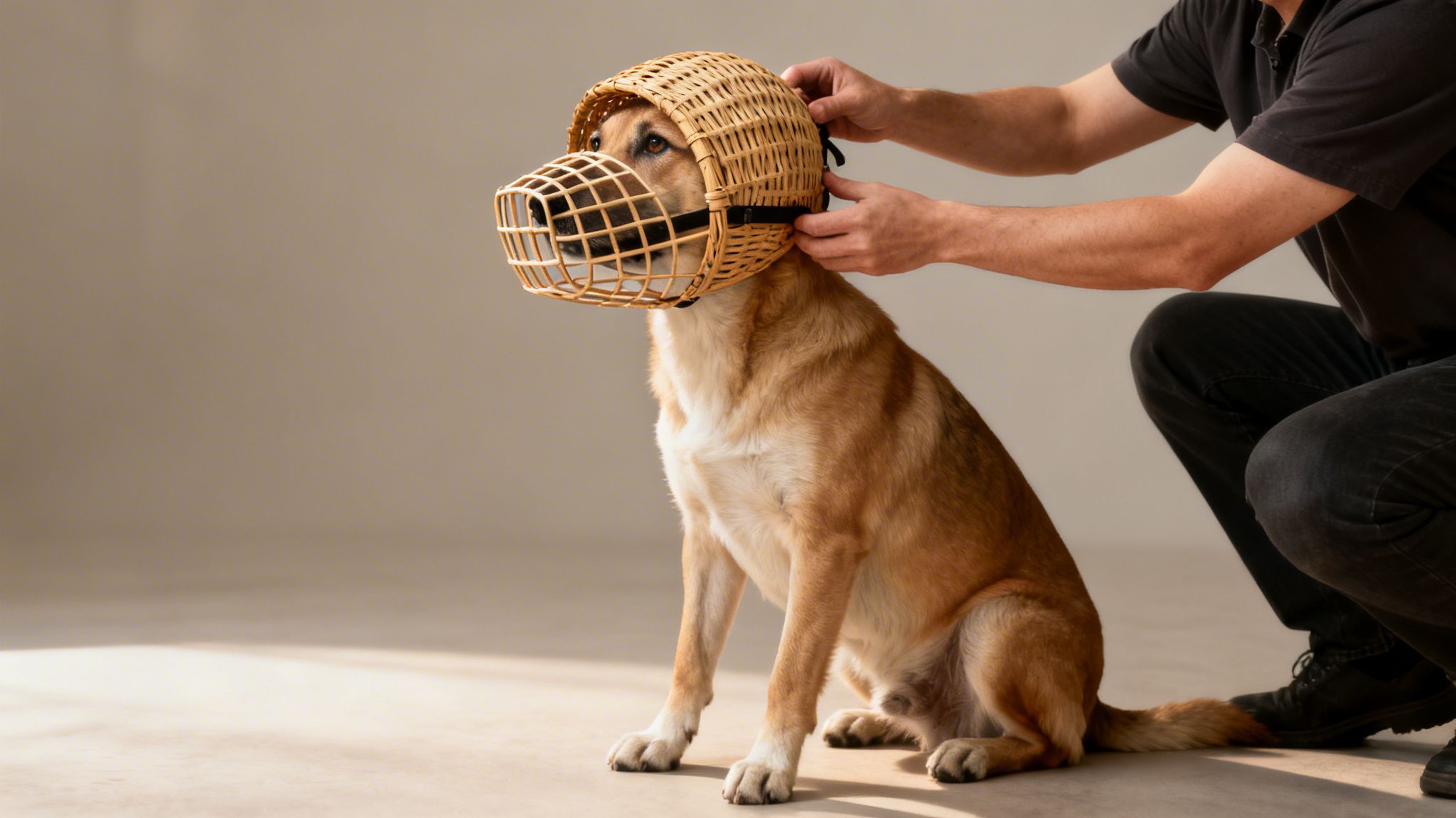 A person is carefully fitting a custom wicker basket muzzle onto a sitting light brown dog's head.