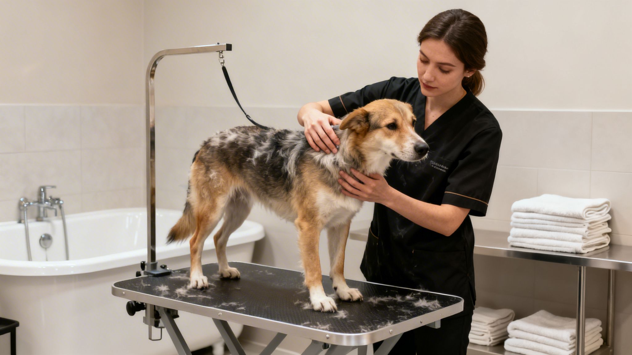 A professional groomer gently brushes a dog with a multi-colored coat on a grooming table.