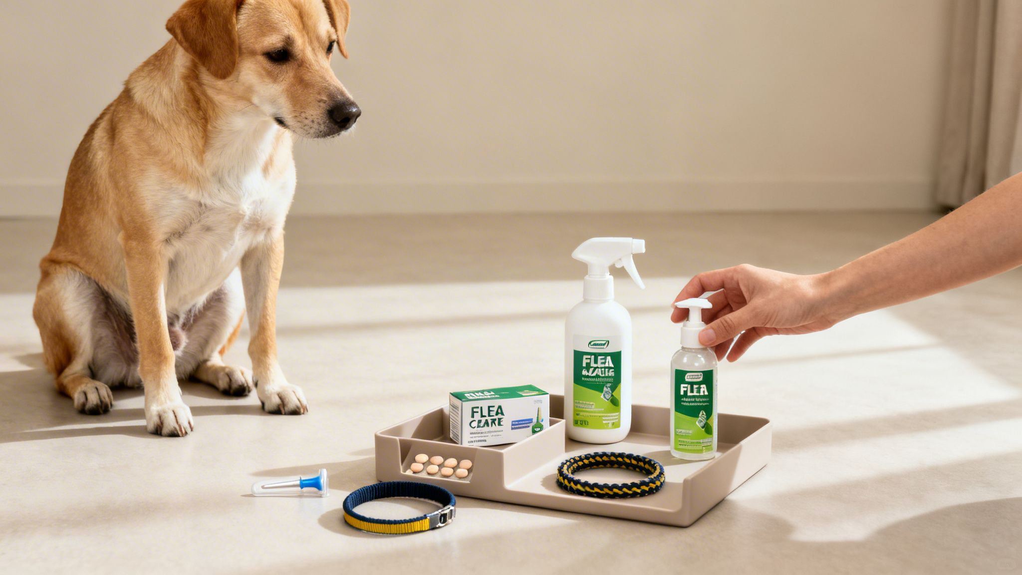 A brown dog watches as a hand reaches for flea treatment products and collars on a tray.