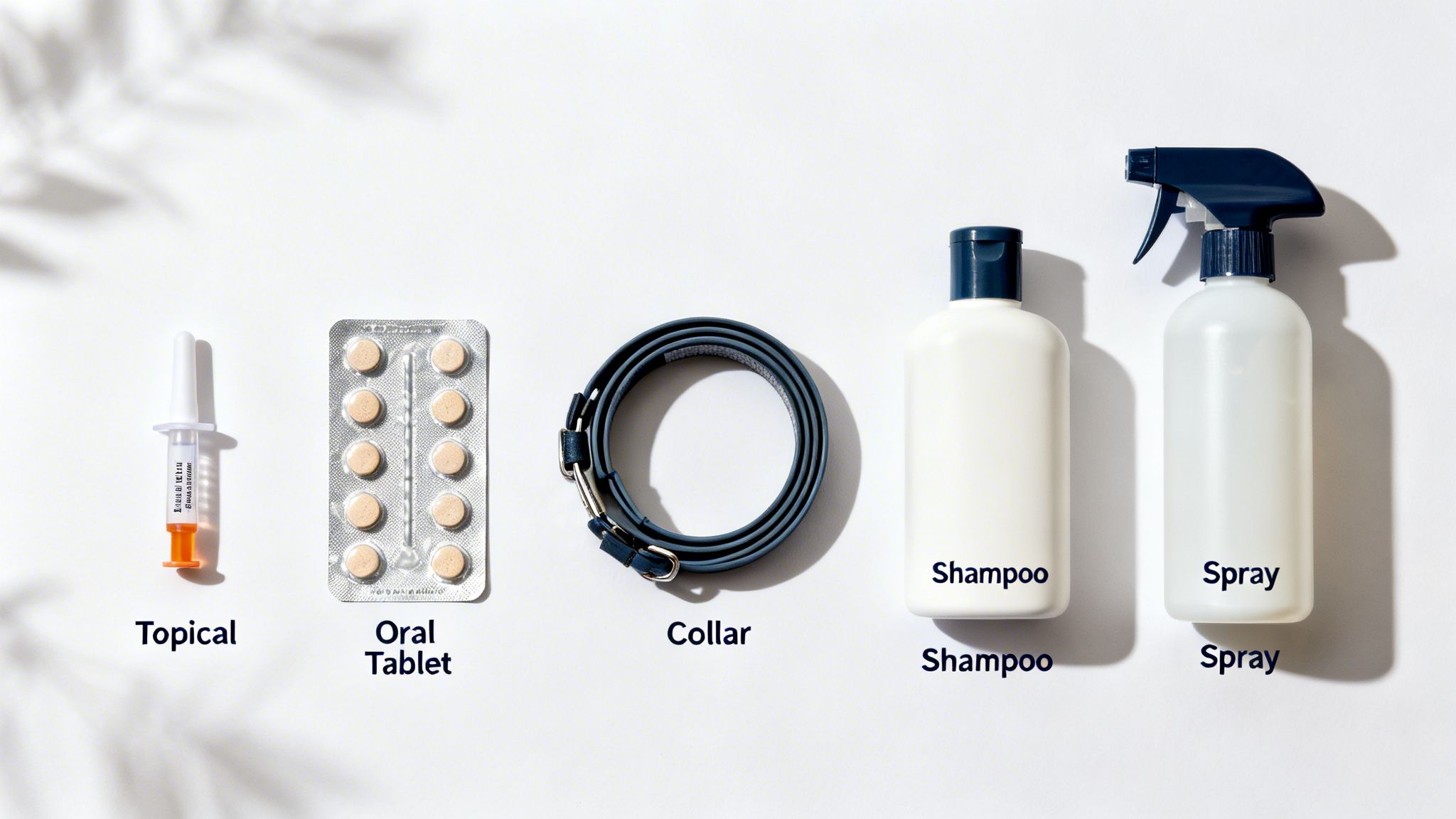 A collection of over-the-counter flea and tick treatments including topical, oral tablets, collar, shampoo, and spray.