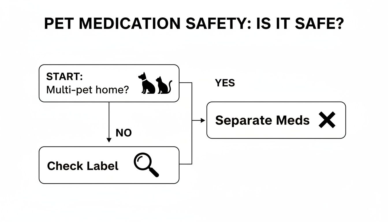 Flowchart detailing pet medication safety, asking about multi-pet homes for medication separation or label checking.