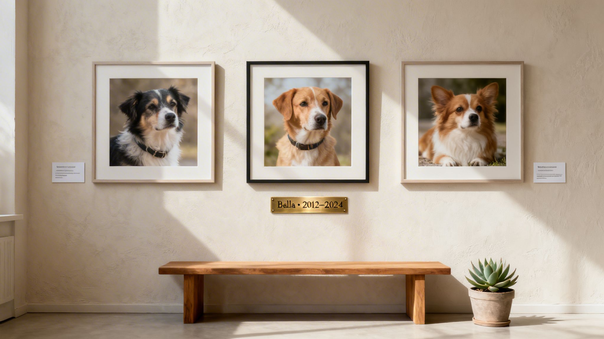 Three framed dog portraits hang on a wall above a wooden bench, with a memorial plaque for Bella.