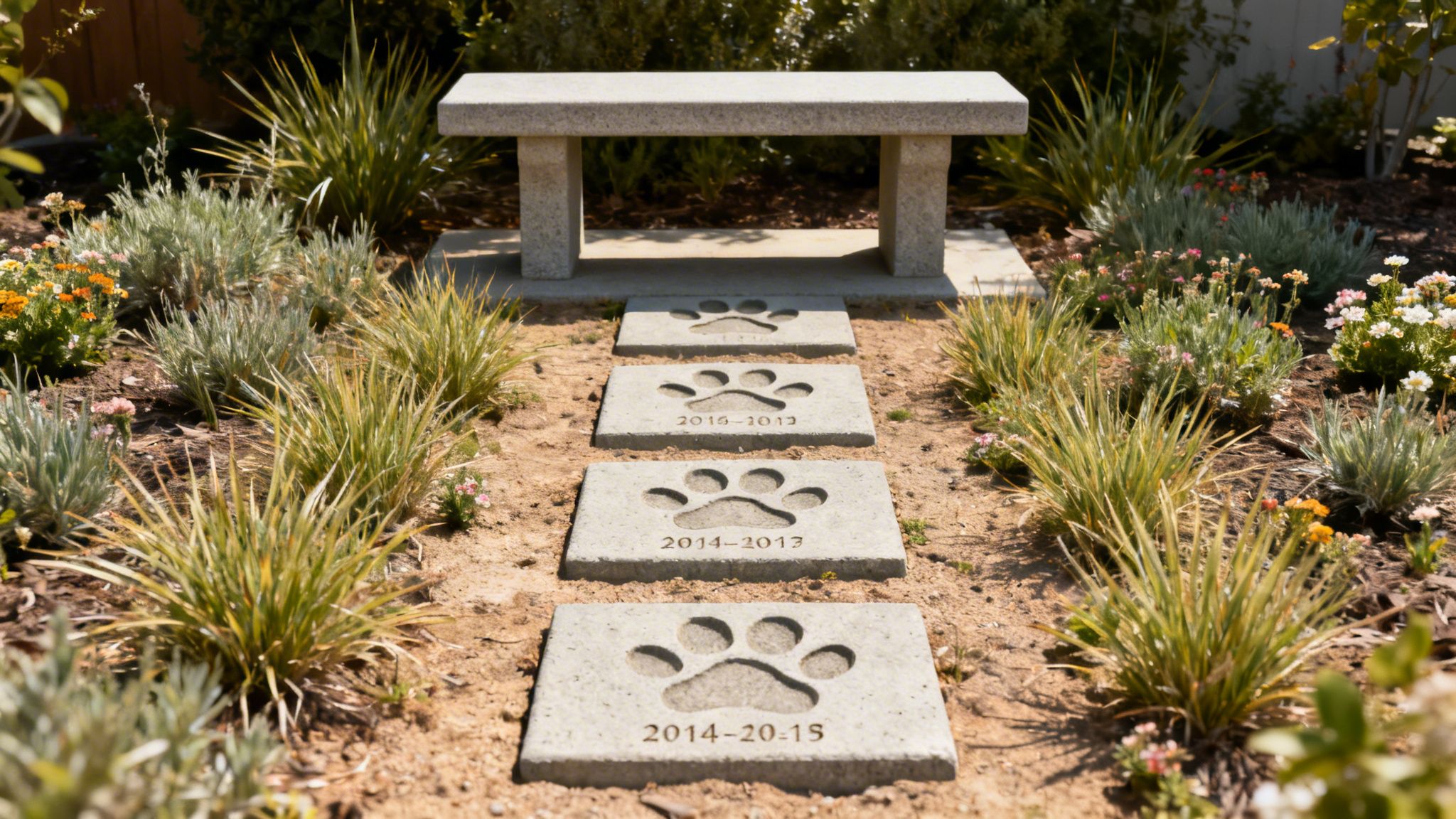 A pet memorial garden features paw print stepping stones with dates leading to a peaceful stone bench.