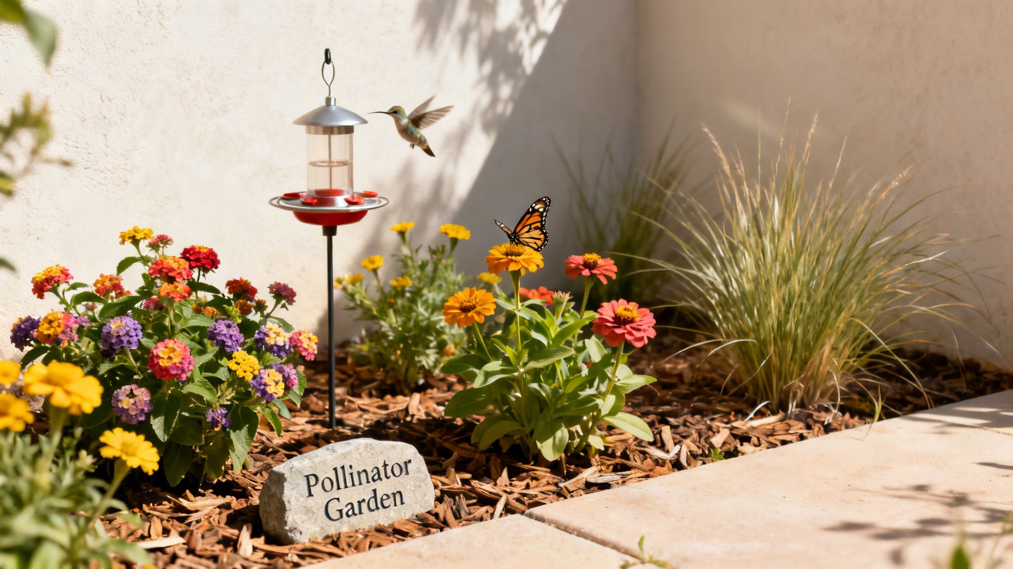 A vibrant pollinator garden with a hummingbird, monarch butterfly, colorful flowers, and a feeder.