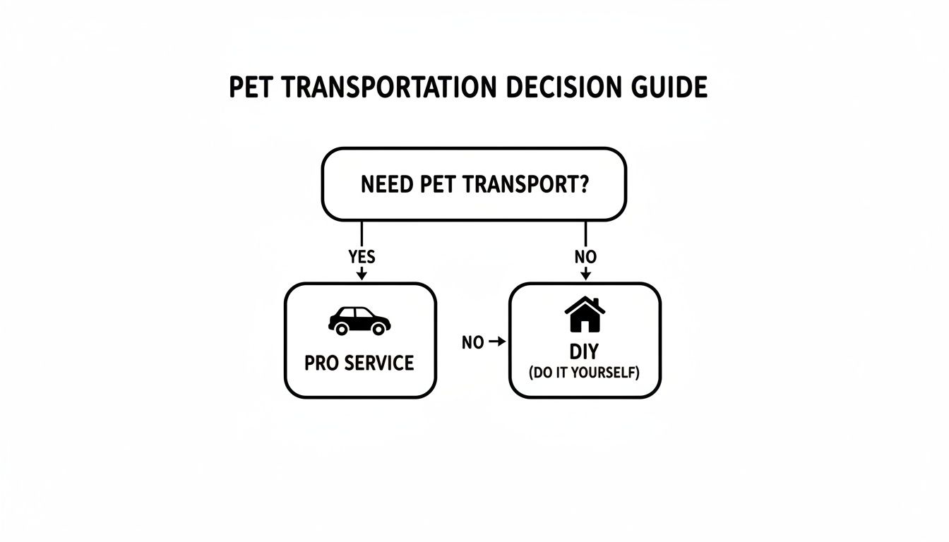 A pet transportation decision guide flowchart showing options: Pro Service if yes, or DIY if no.
