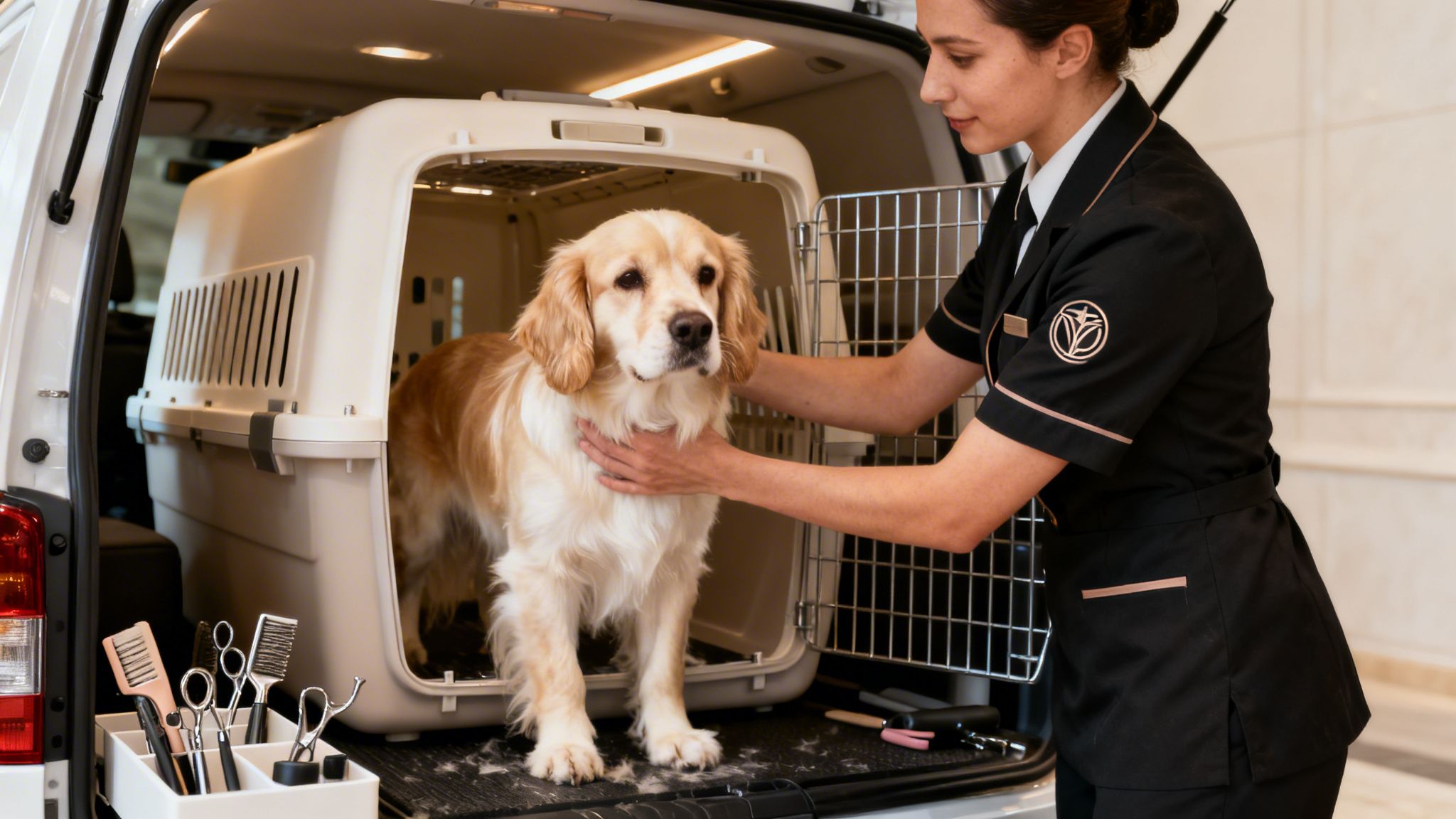A woman in a black uniform grooms a golden retriever dog next to a pet carrier in a vehicle.