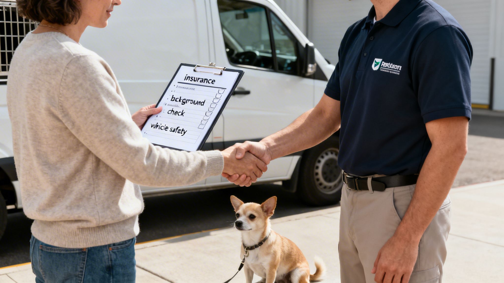 A customer and a pet transport service provider shake hands, with a dog present, after reviewing a safety checklist.