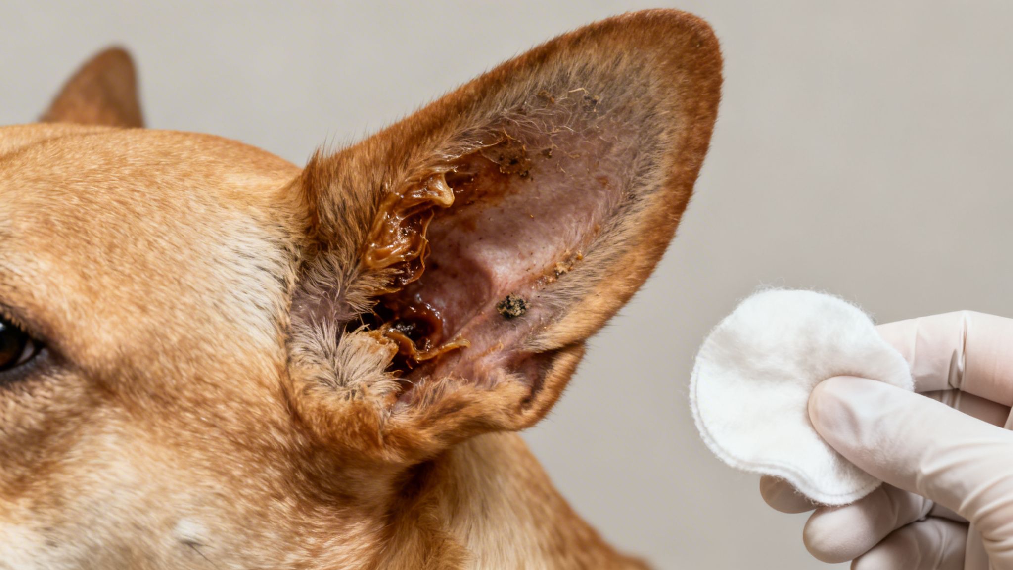 A dog's infected ear with thick brown discharge, a vet's gloved hand holding a cotton pad.