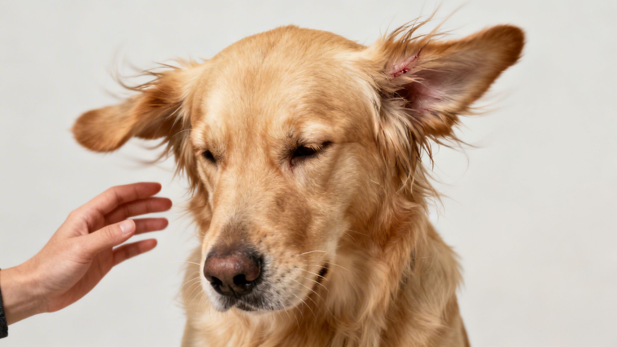 A golden retriever with an injured ear and closed eyes, a hand gently reaches towards it.