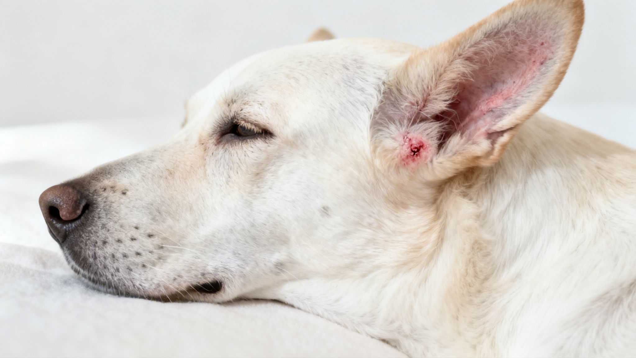 Close-up of a resting white dog showing a red, inflamed sore inside its ear.