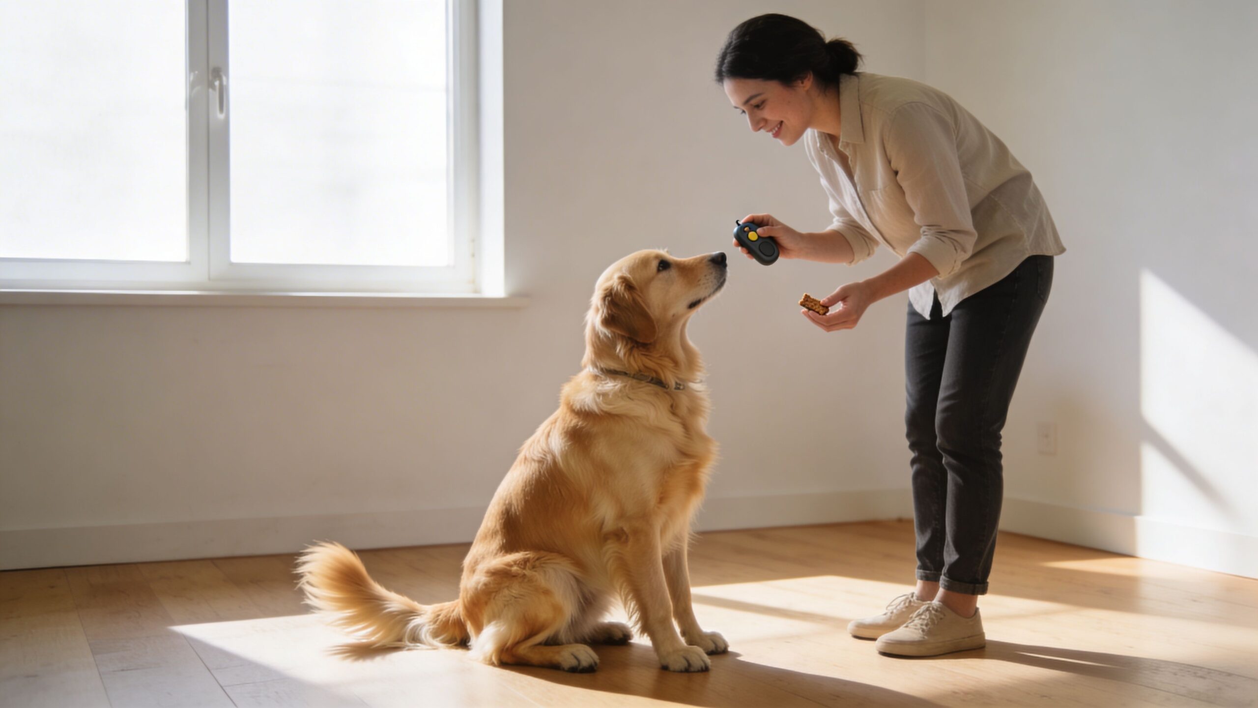 A woman stands in a bright room training a golden retriever with a clicker and a treat.