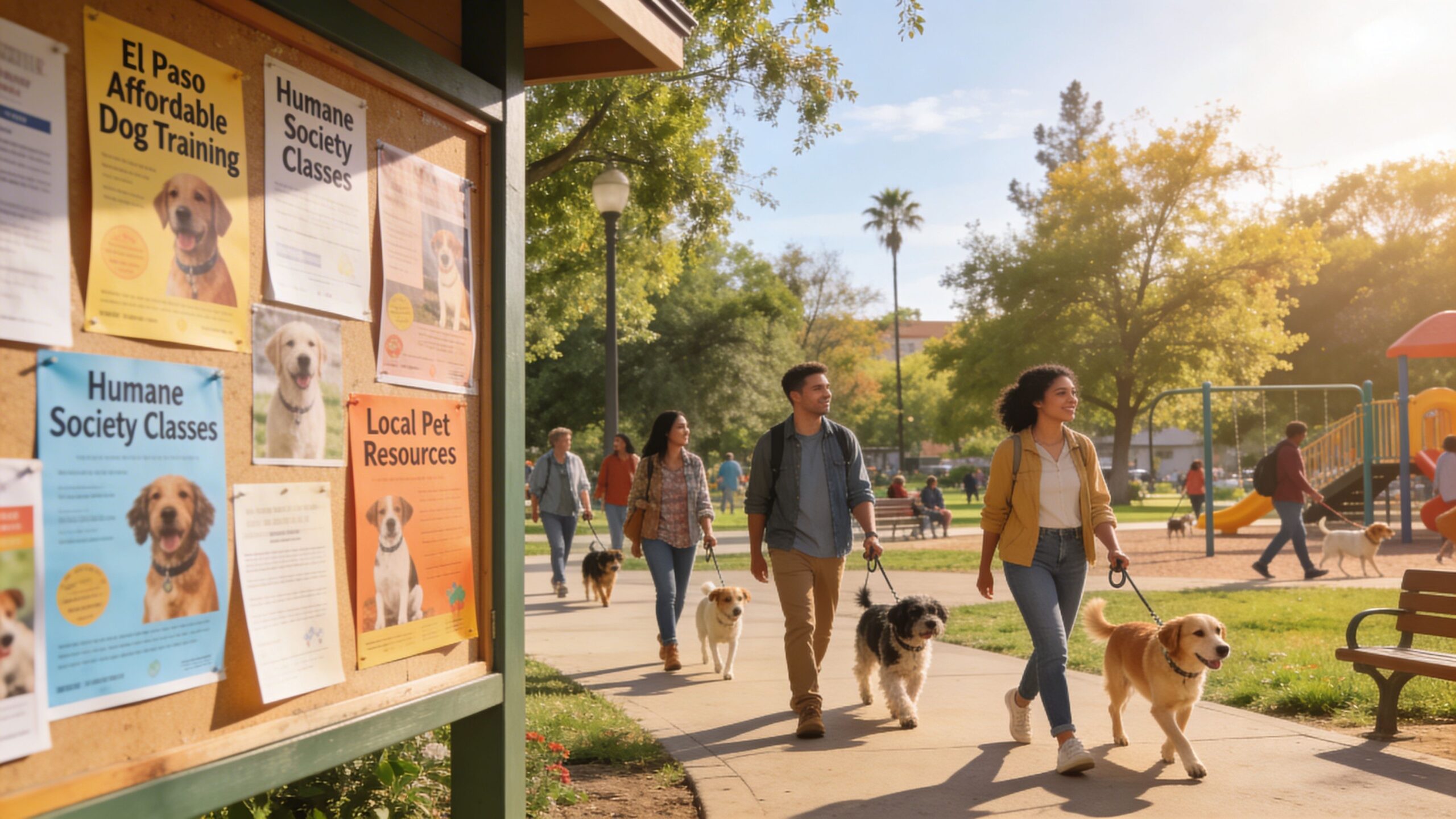 People walking their dogs on a sunny day in a park near an information community board.