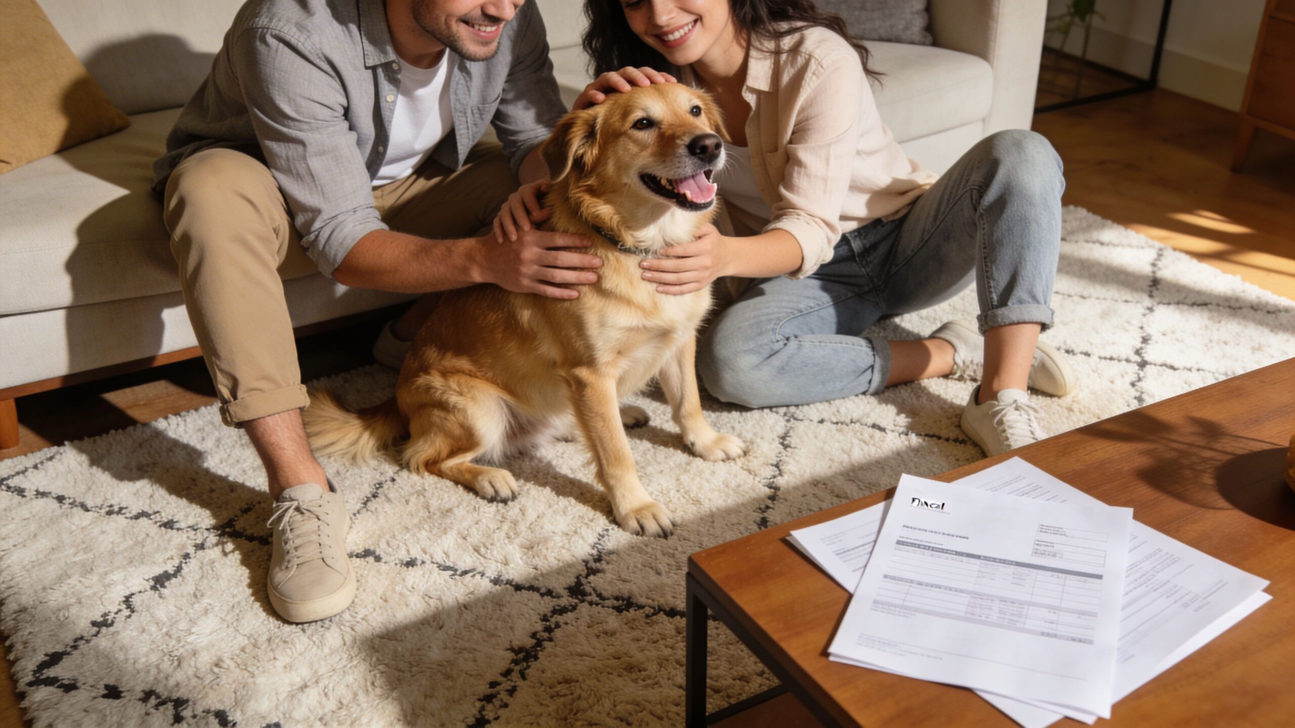 A happy young couple petting their friendly golden dog while sitting on a rug in their home.