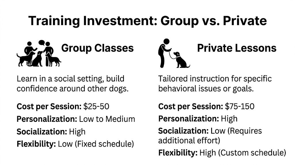 A comparison chart outlining the costs, pros, and cons of group classes versus private dog training lessons.