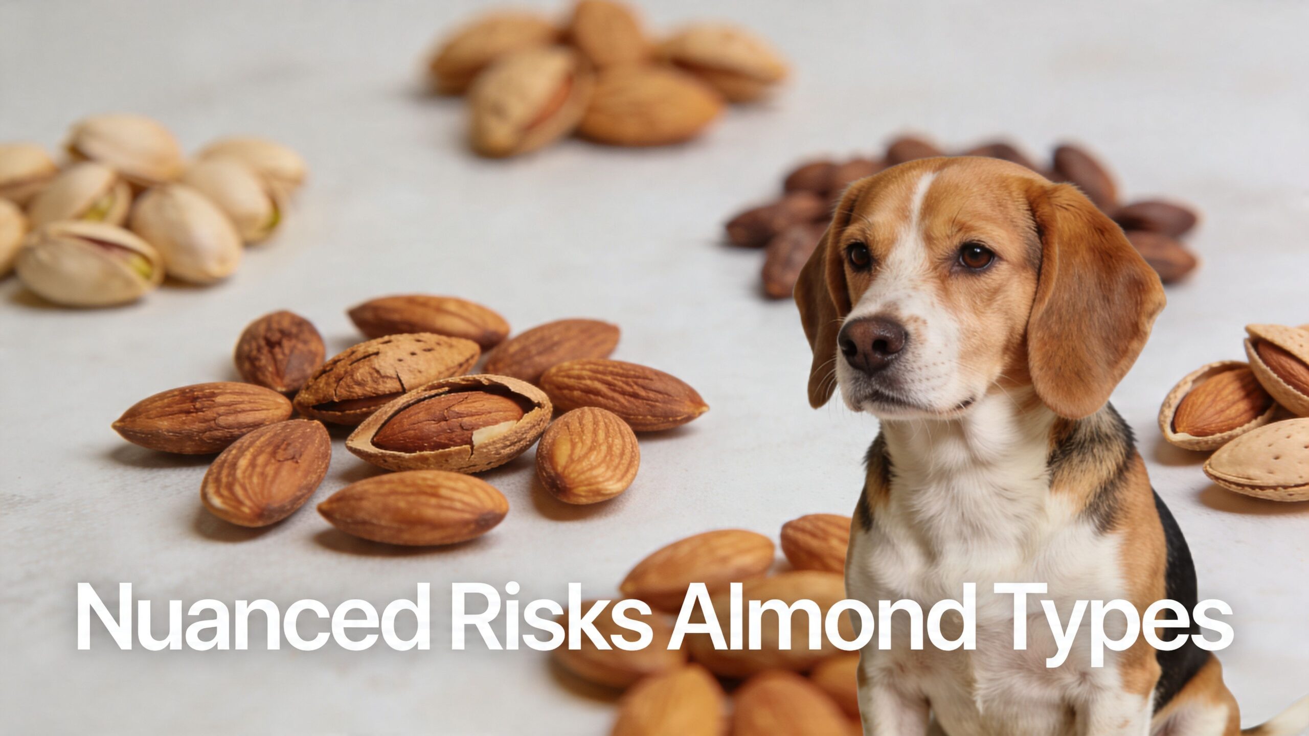 A cute beagle dog sitting next to piles of almonds and pistachios on a light surface.
