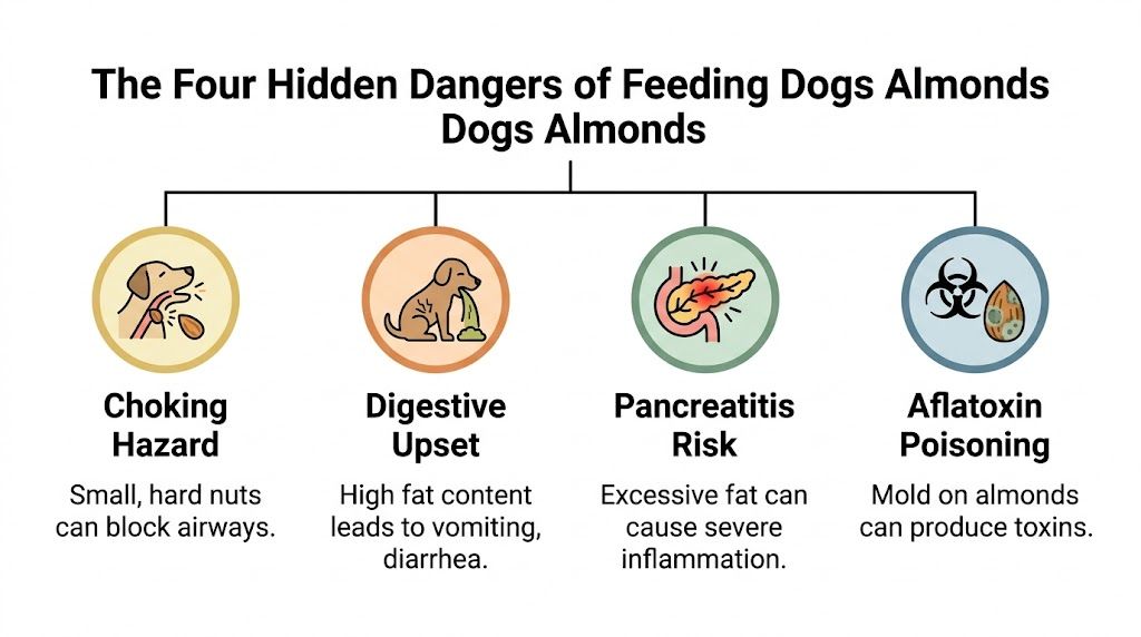An infographic showing four common health risks to dogs caused by eating almonds, including choking and poisoning.