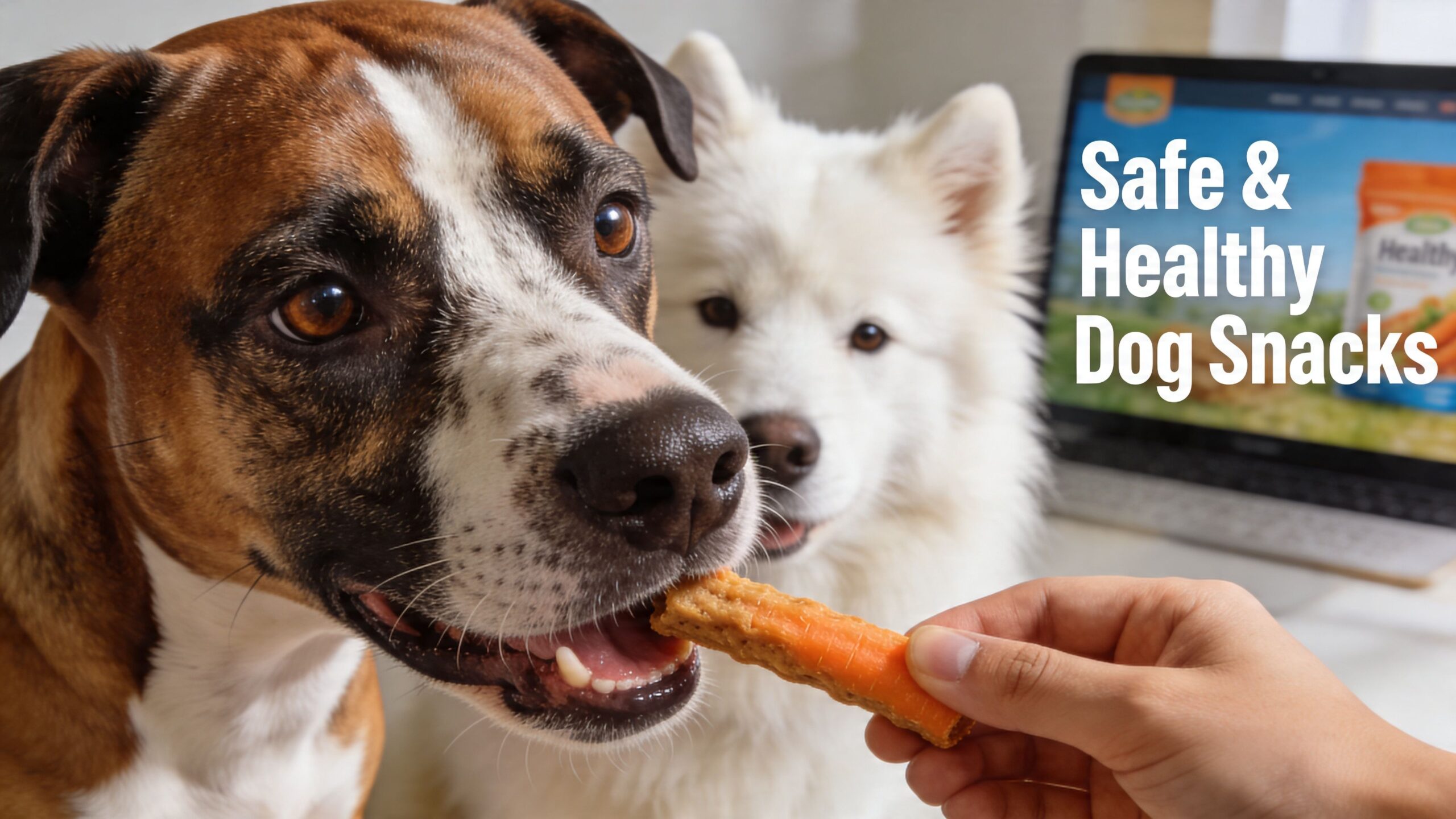 A person holding a carrot-shaped dog treat for a brown and white dog and a fluffy white dog.