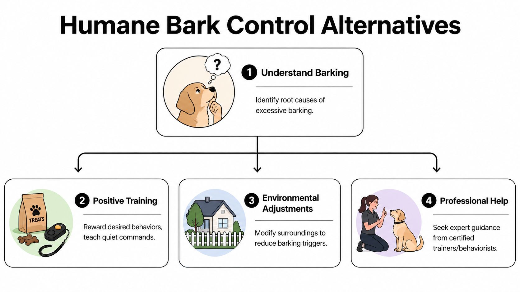 An infographic showing four humane alternatives to using anti bark collars for training dogs.