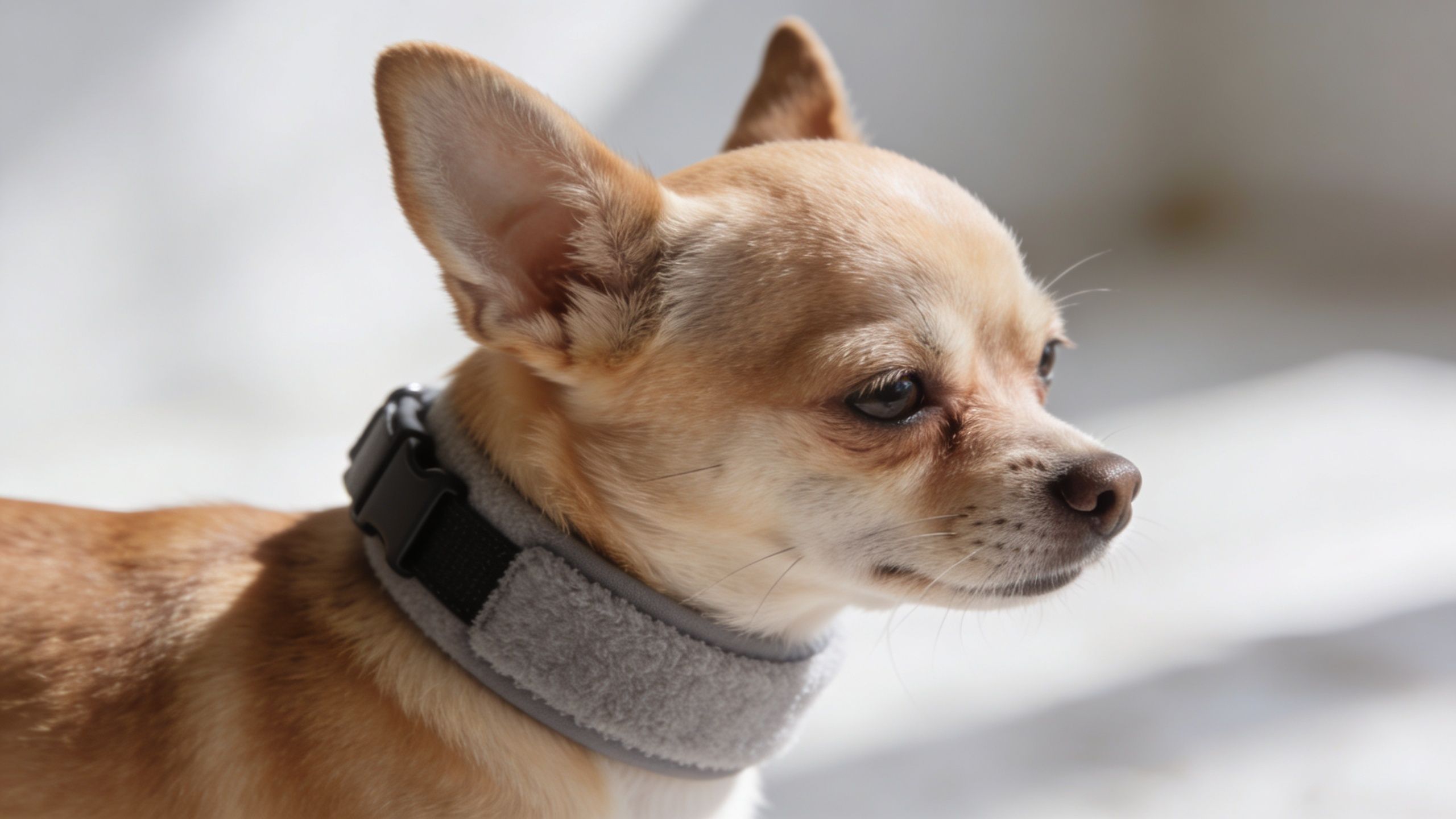 A close up of a tan chihuahua wearing a grey velcro anti bark collar for small dogs.