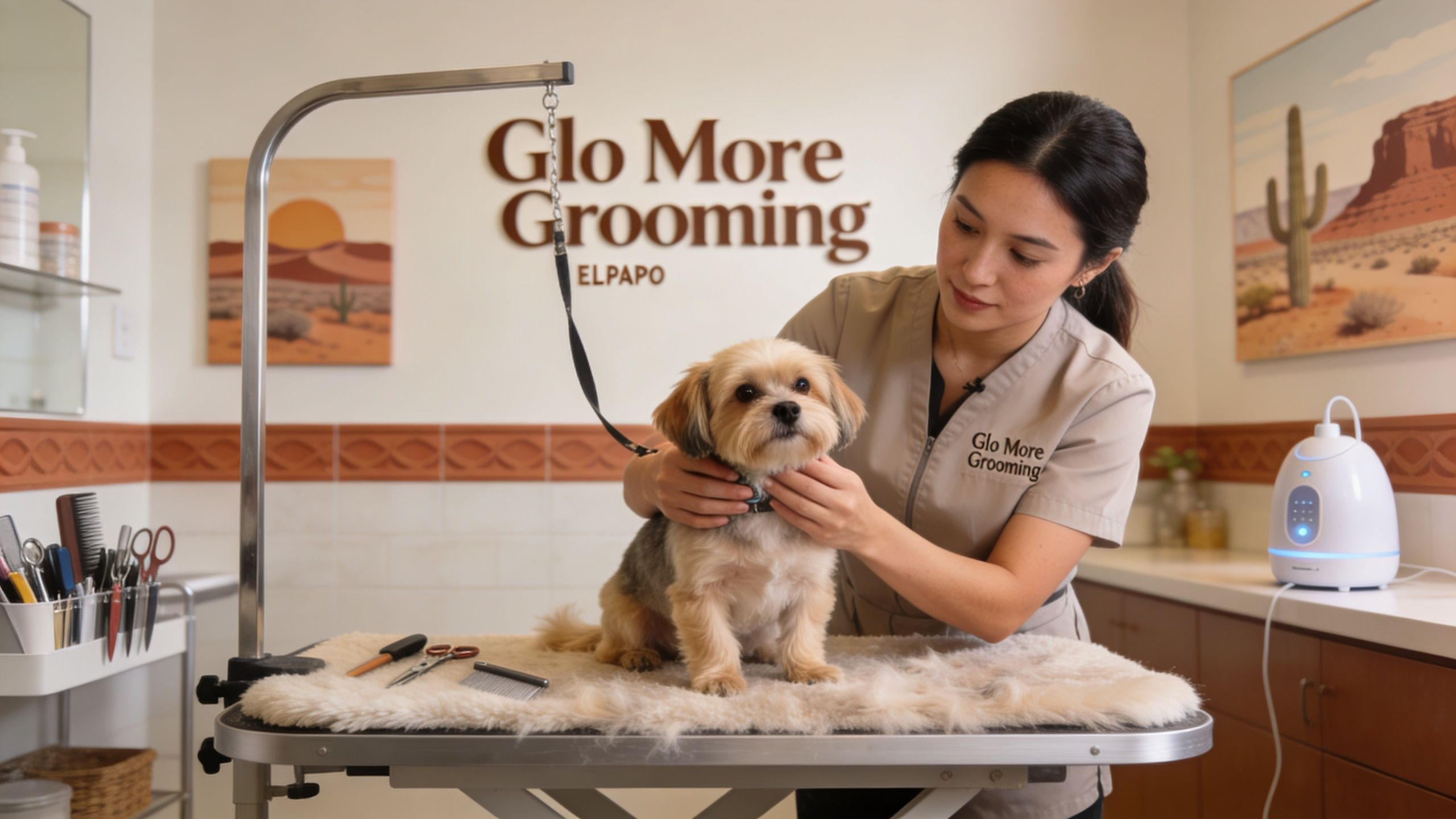 A professional groomer in a uniform carefully tending to a small dog on a grooming table.