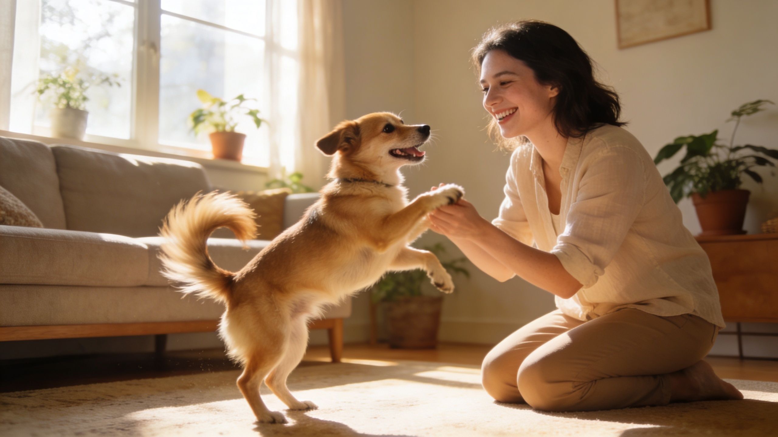 A happy woman kneeling on a rug and playing with her small dog in a sunny living room.