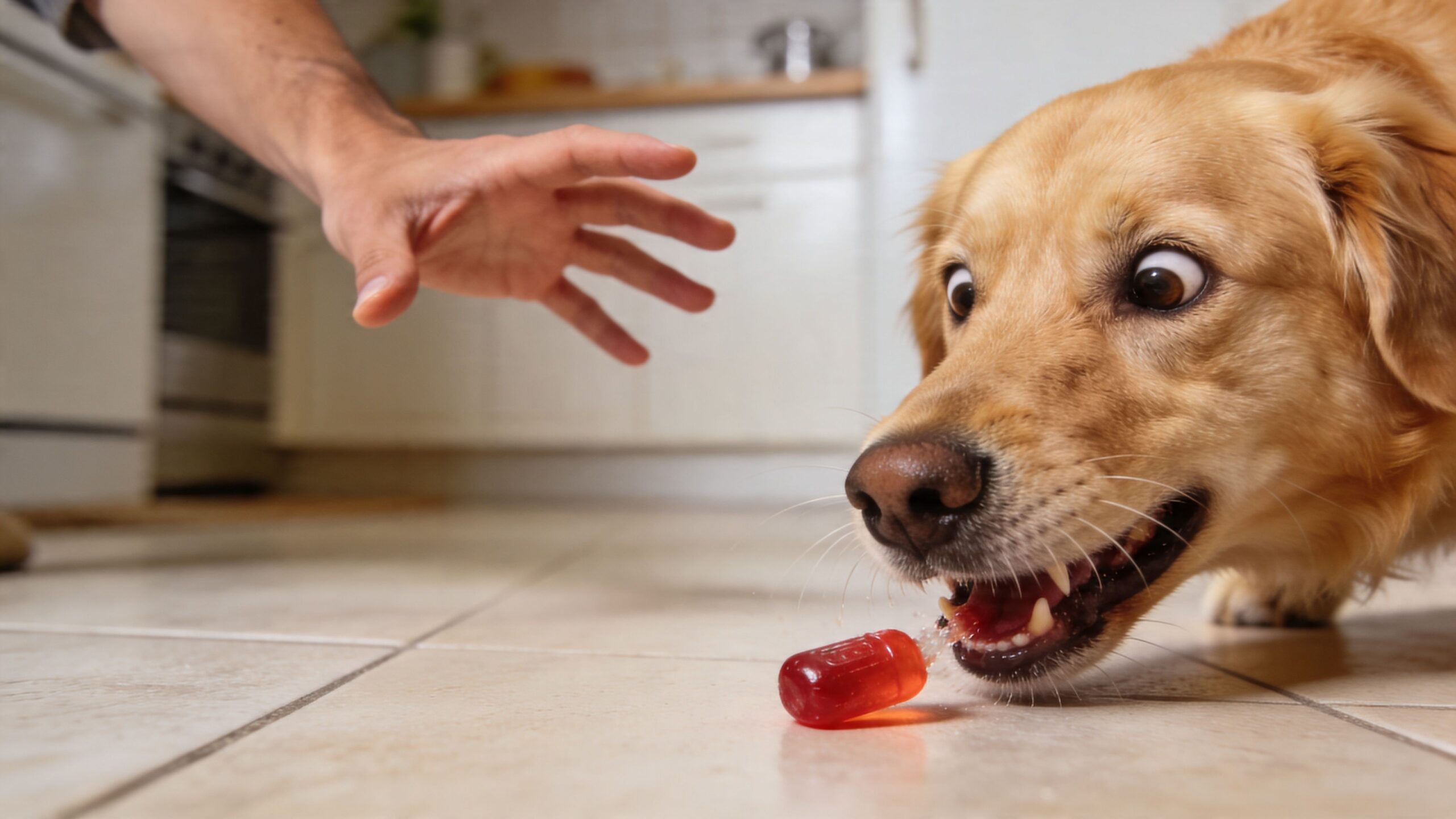 A golden retriever wide-eyed as a human hand reaches for a red cough drop on the floor.