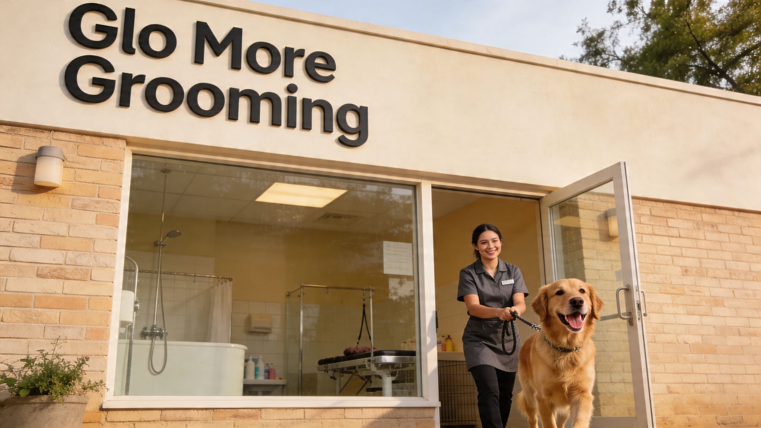 A professional groomer leads a happy golden retriever out of a pet grooming salon entrance.