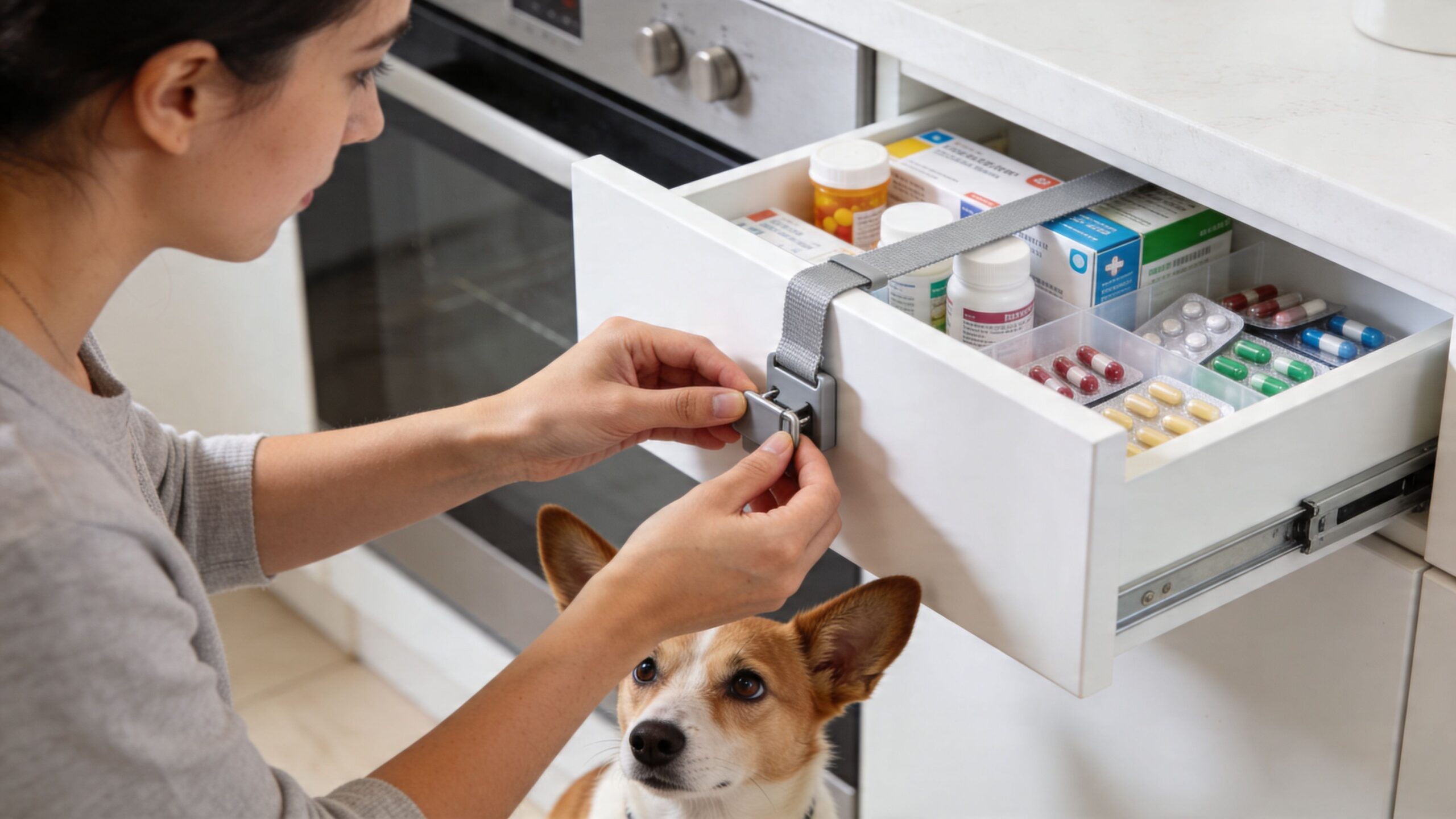 A woman uses a safety lock on a drawer filled with medication while a small dog watches.