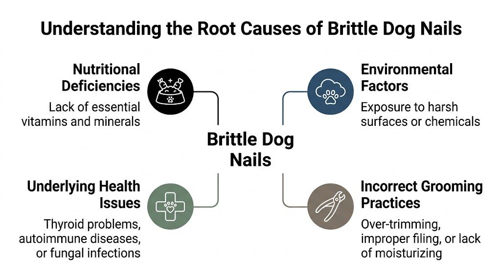 A diagram outlining the common causes of brittle dog nails, including nutrition, environment, health, and grooming.