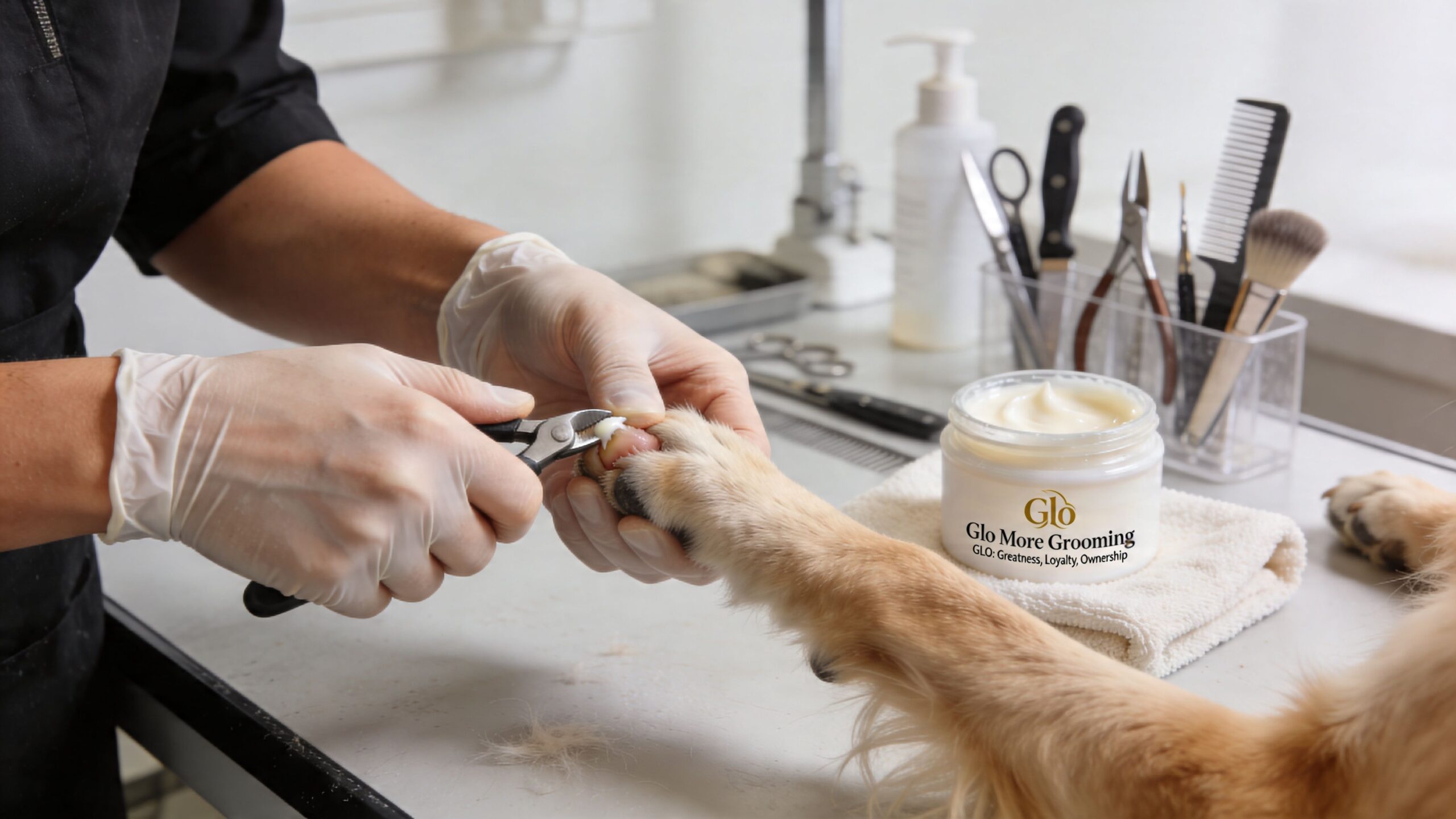 A professional groomer wearing white gloves trims a dog's claw while using a moisturizing paw balm.