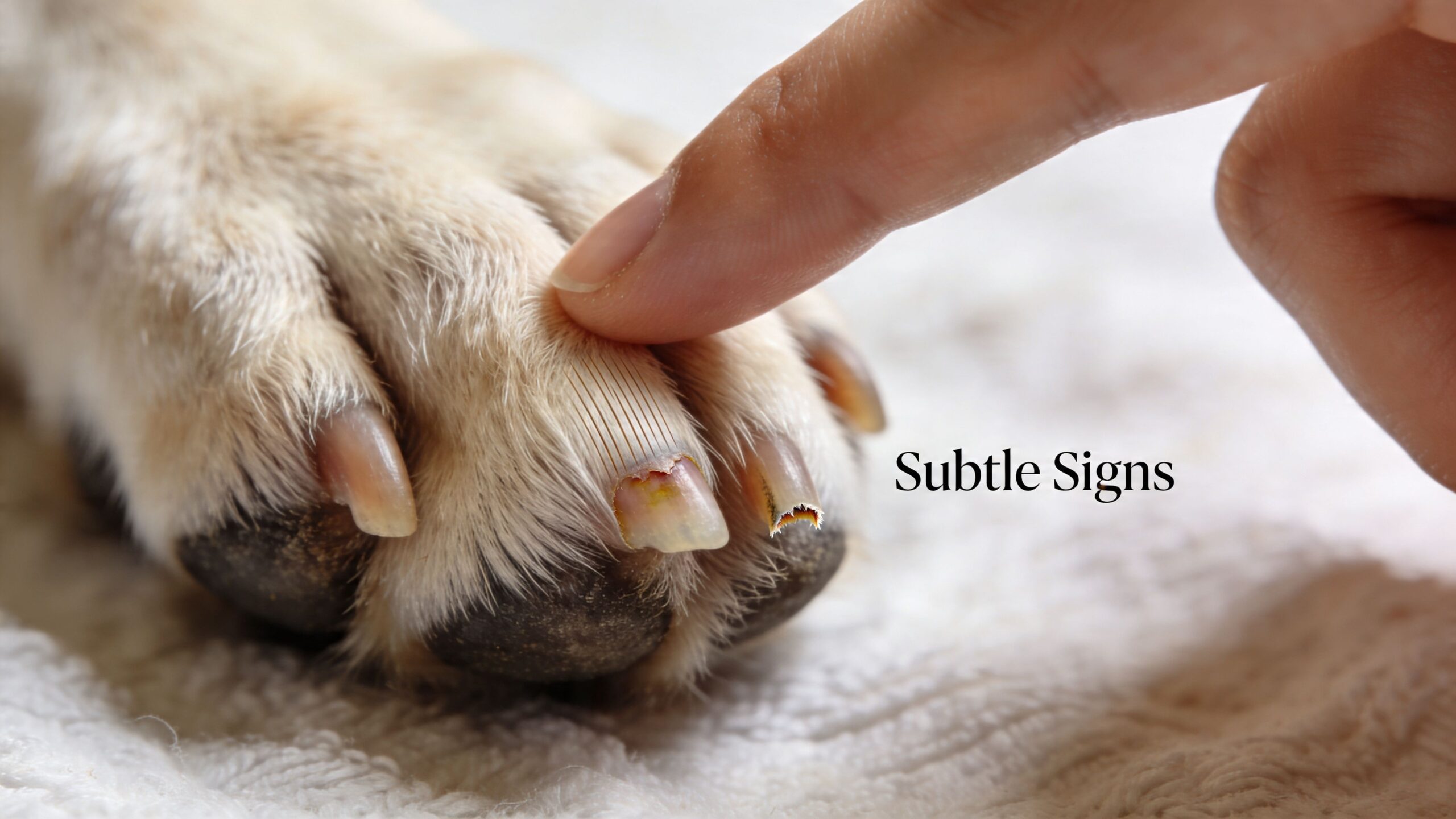 A close-up view of a dog's paw showing damaged and brittle nails being examined by a finger.