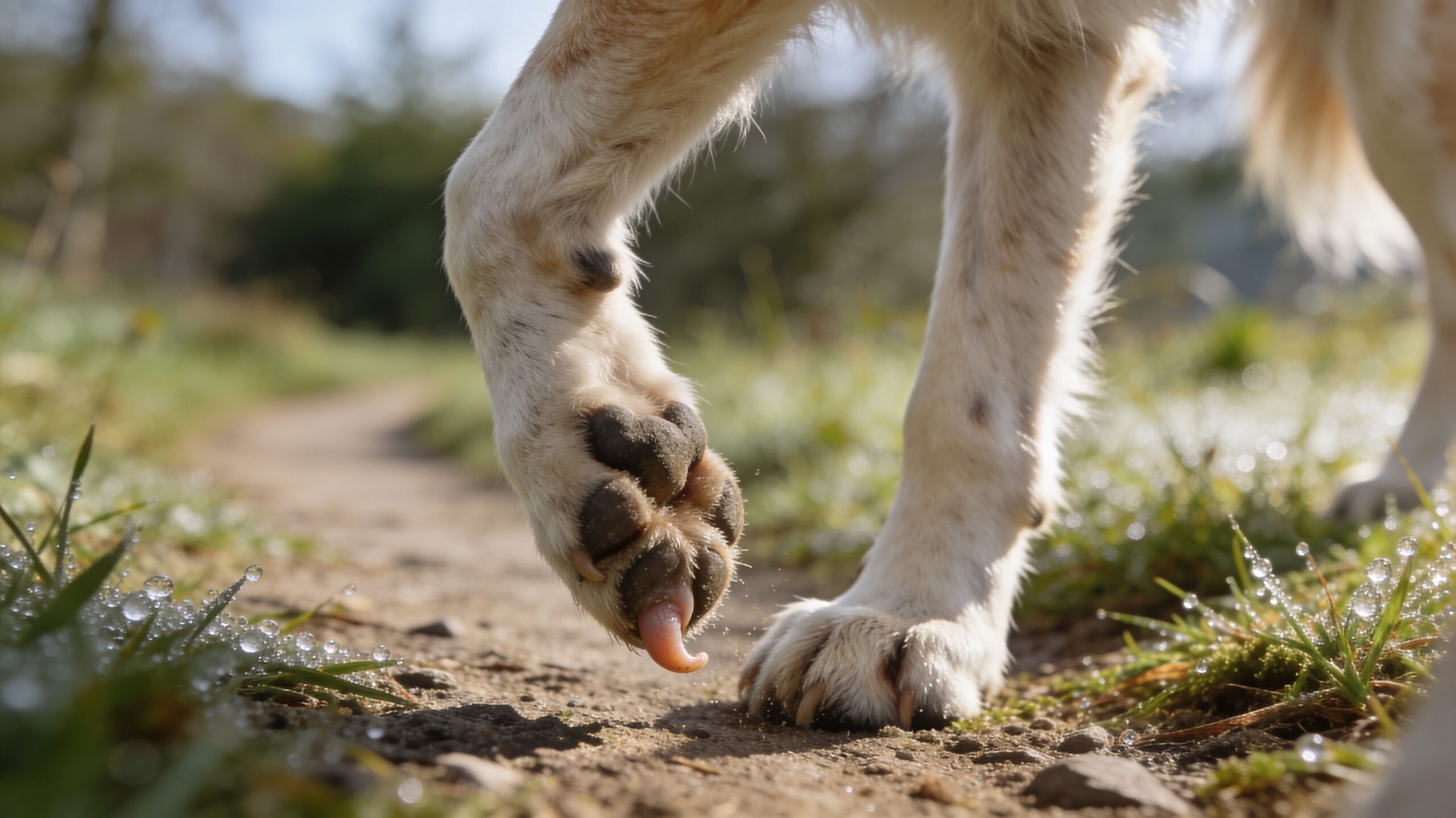 Close-up view of a dog's paw showing the dew claw touching the ground on a dirt path.