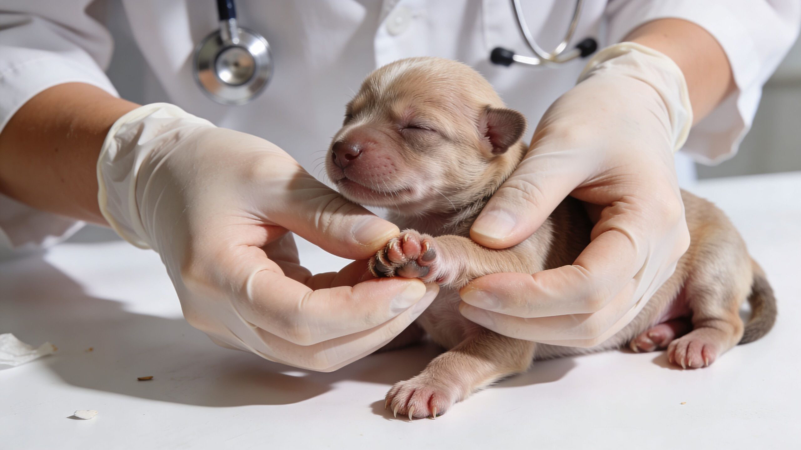 A veterinarian wearing sterile gloves examines the paw of a newborn puppy during a routine health checkup.