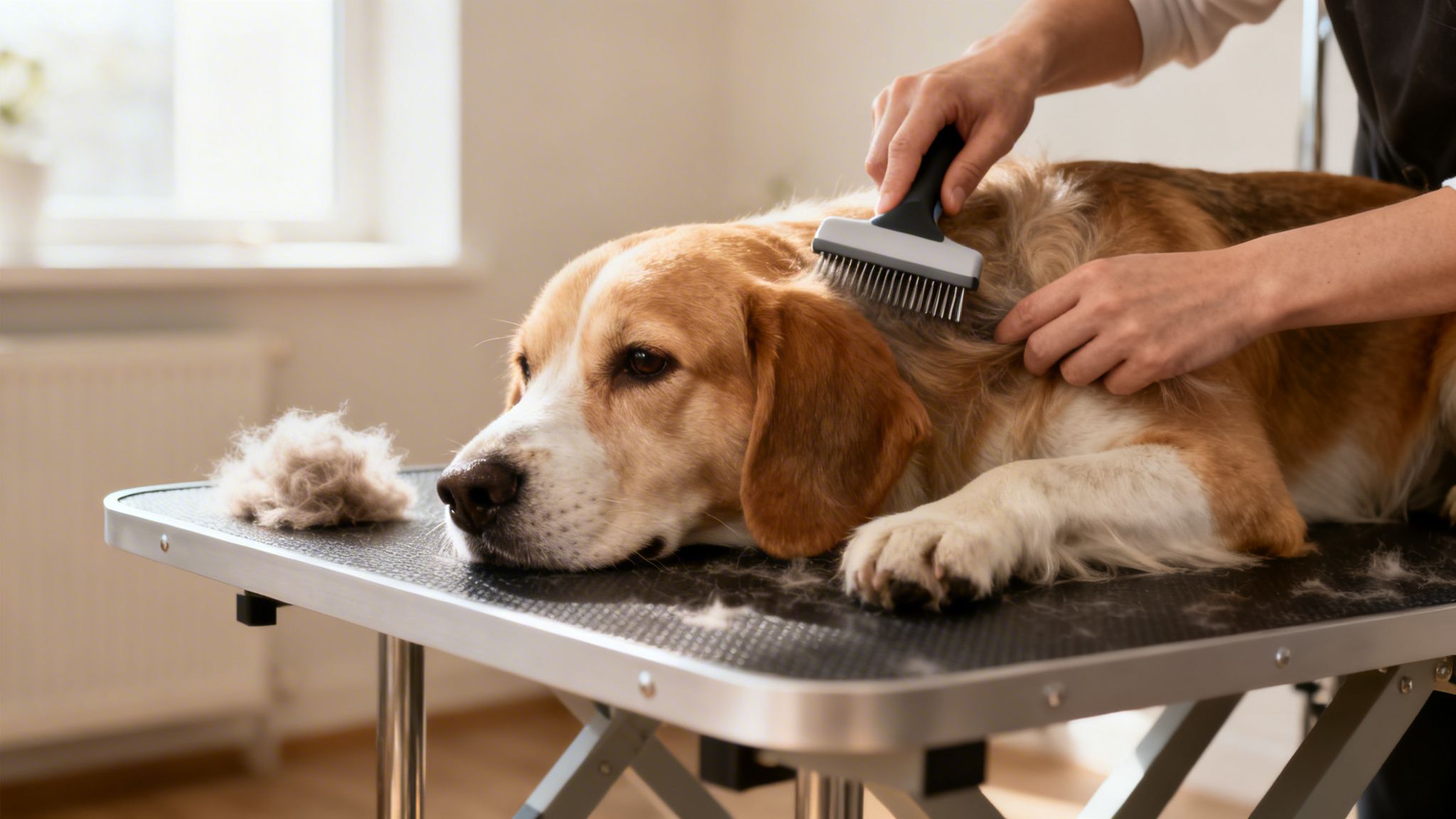 A person uses a slicker brush to remove shedding fur from a calm beagle dog on a grooming table.
