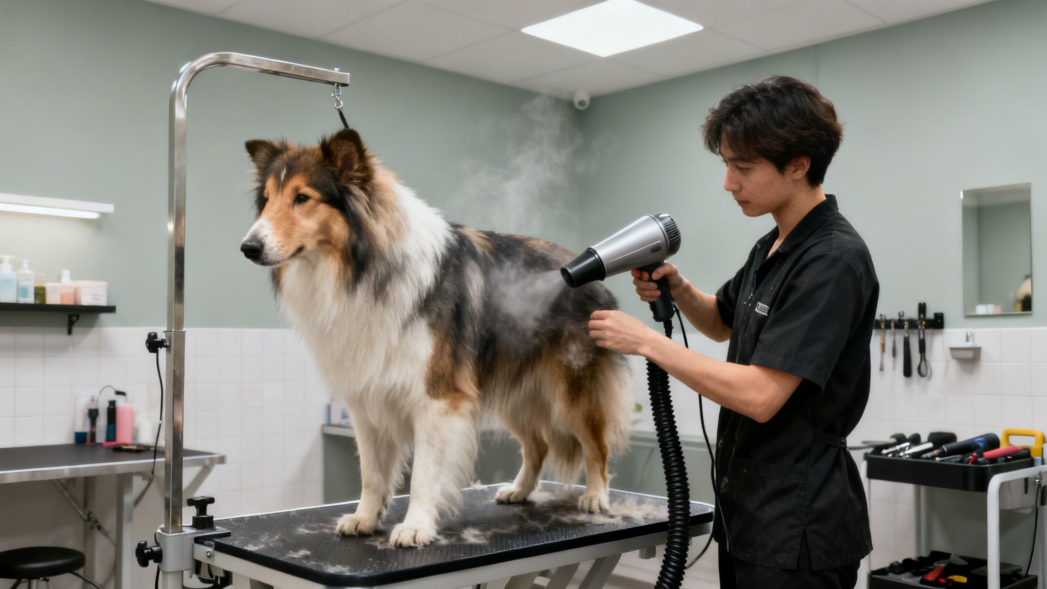 A professional groomer uses a hairdryer to dry a large, fluffy Collie dog on a grooming table.