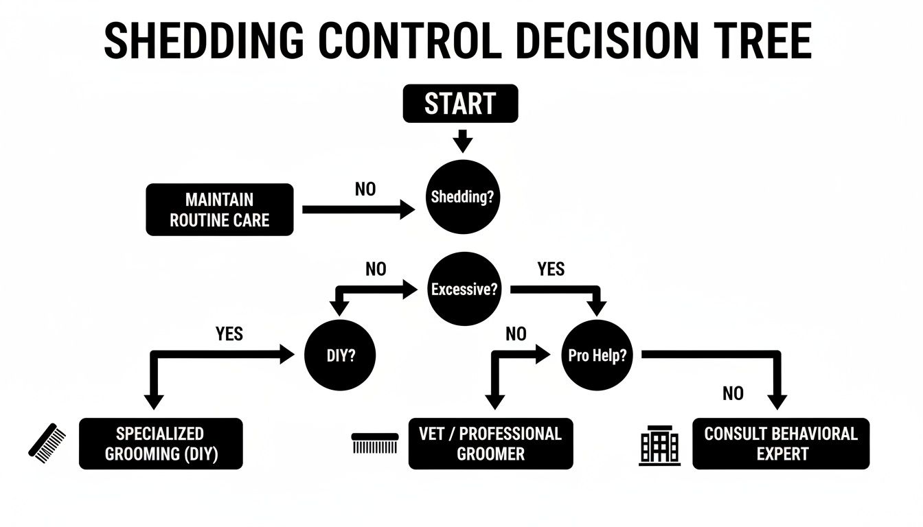 A flowchart decision tree for shedding control, guiding pet owners from start to expert advice.