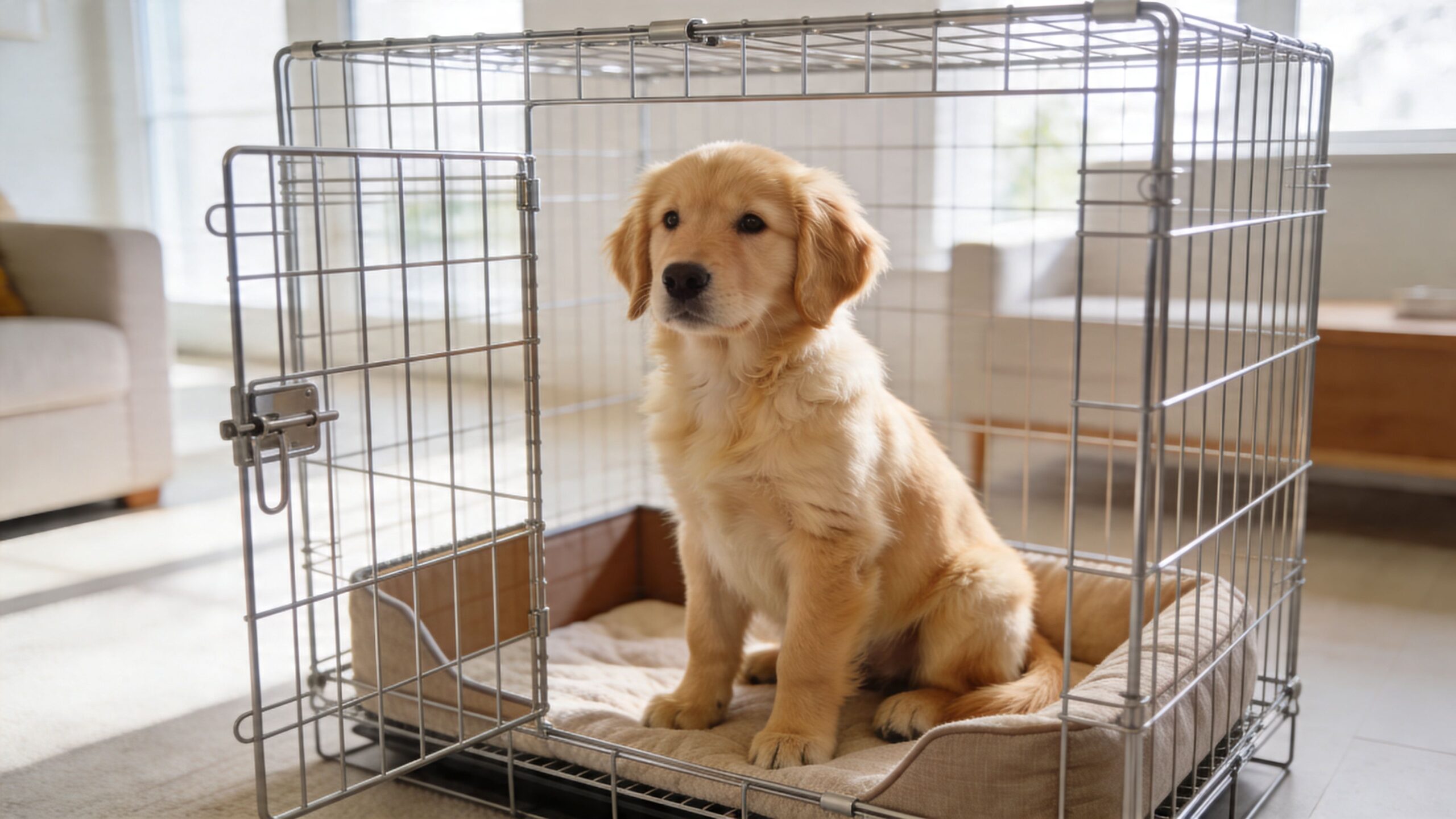 A cute golden retriever puppy sitting comfortably on a soft bed inside a metal wire dog crate.