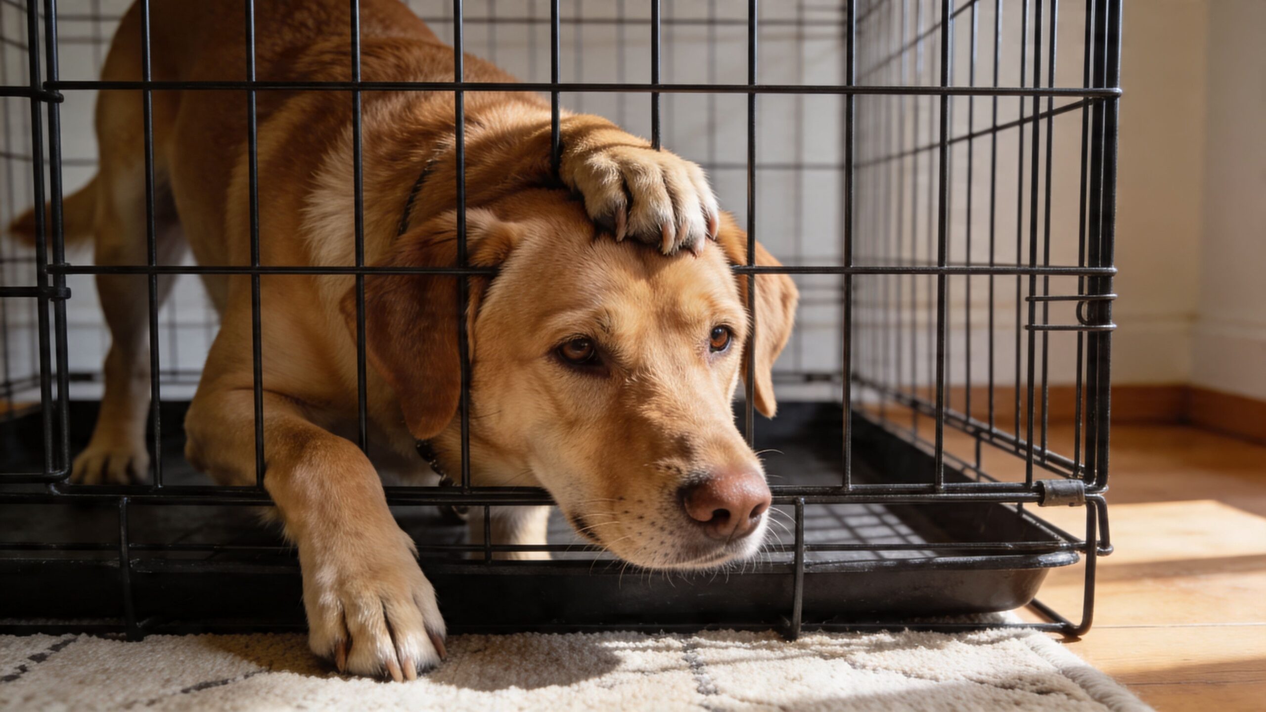 A yellow Labrador Retriever resting its head and paw on the metal bars of its indoor dog crate.