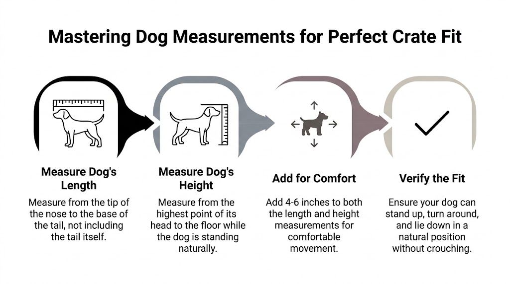 An infographic showing four simple steps to measure a dog for a perfect crate fit.