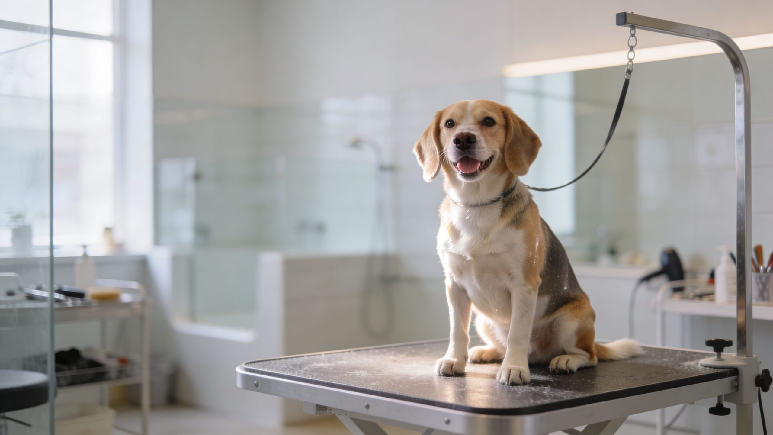 A happy Beagle dog sits on a professional grooming table in a clean, bright pet grooming salon.