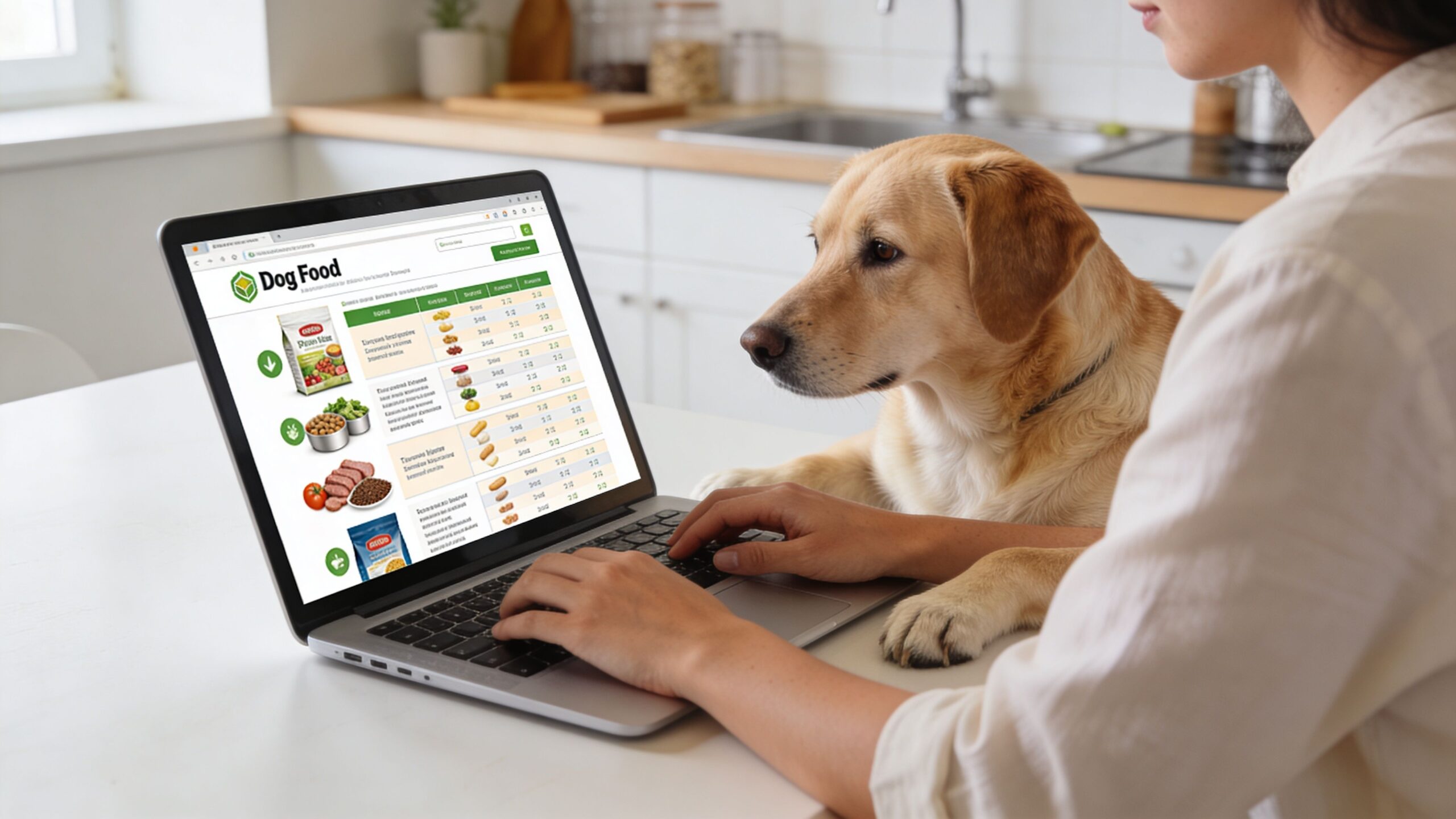 A person using a laptop to research dog food options while their pet dog watches closely.